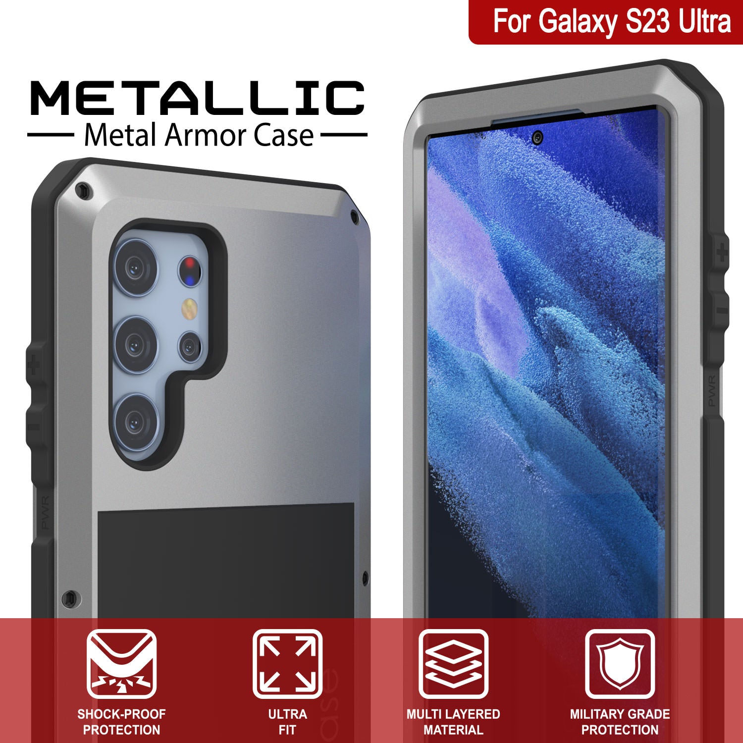 Capa de metal Galaxy S23 Ultra, Resistente Heavy Duty Militar Grade Armor Cobrir [à prova de choque] Corpo inteiro resistente [Prata]