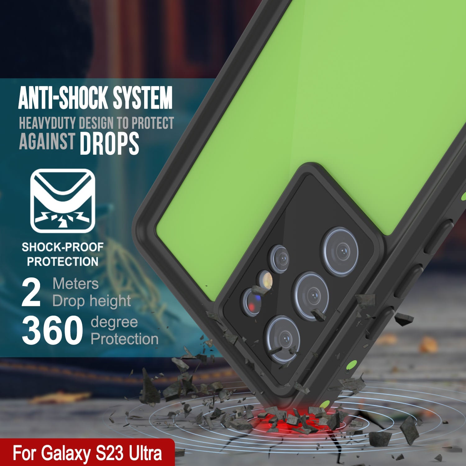 Capa à prova d'água PunkCase StudStar Light Green fina para Galaxy S23 Ultra 6.6ft IP68 à prova de choque subaquática