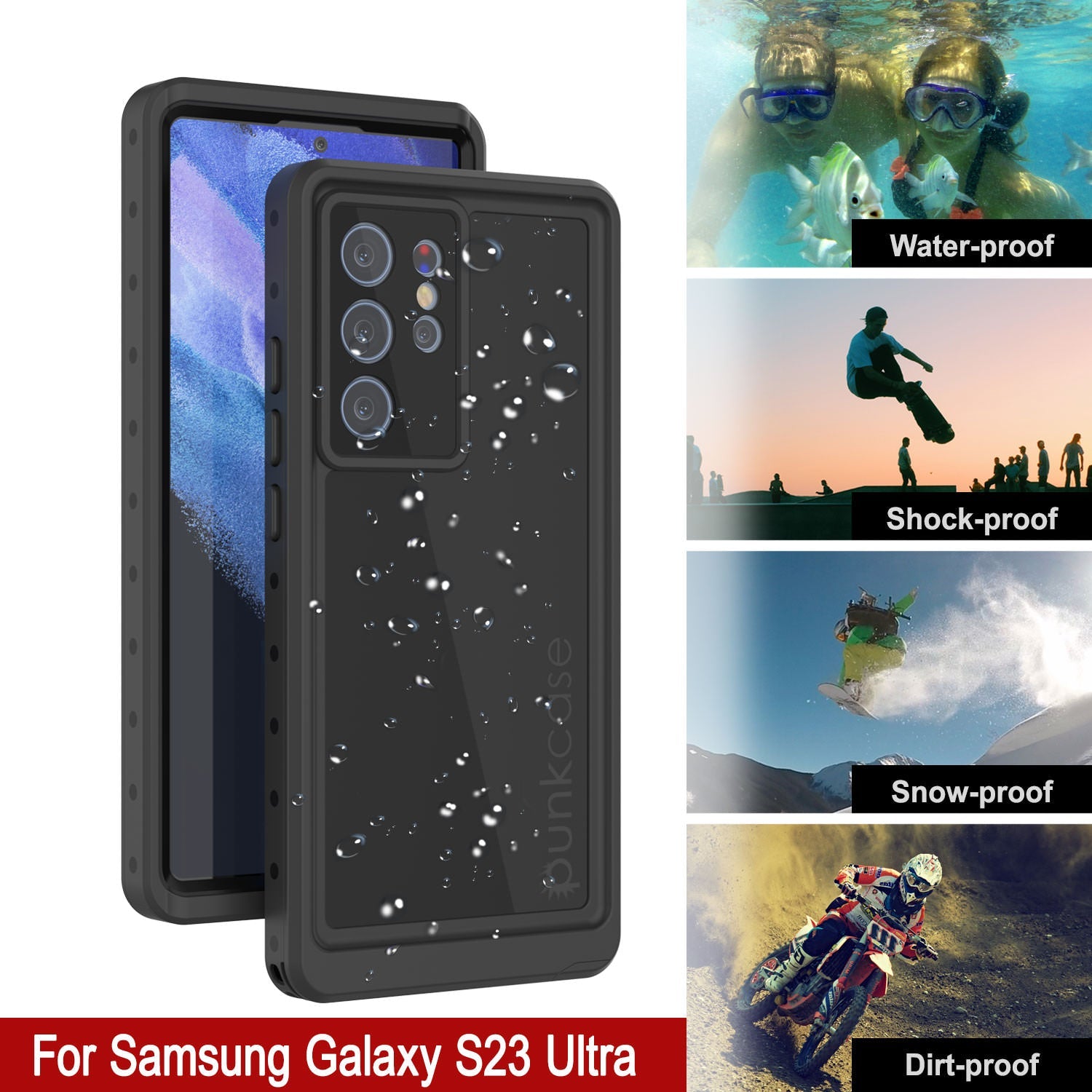 Capa à prova d'água Galaxy S23 Ultra PunkCase StudStar Preto Fino 6.6ft à Prova d'Água IP68 à Prova de Choque/Neve