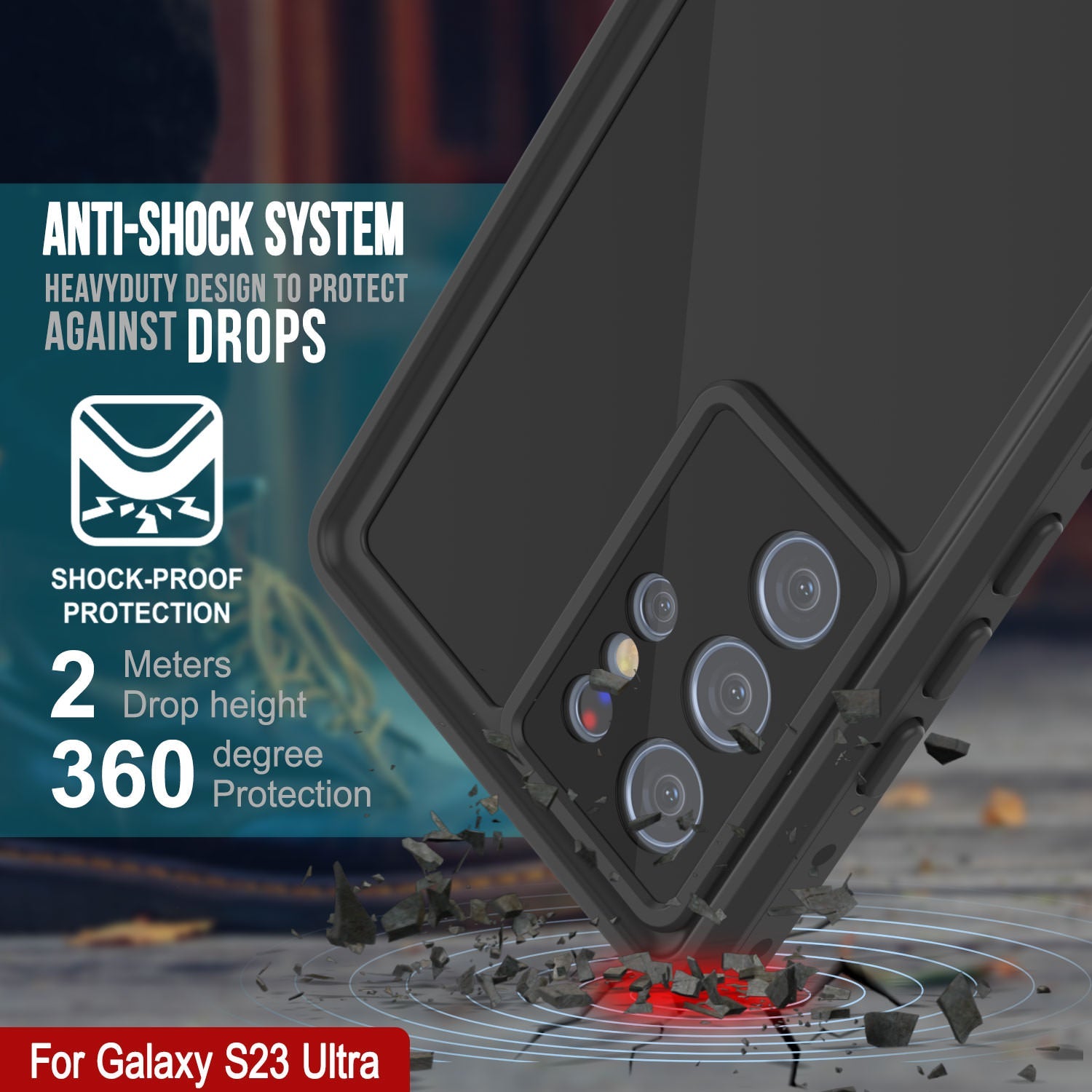Capa à prova d'água Galaxy S23 Ultra PunkCase StudStar Preto Fino 6.6ft à Prova d'Água IP68 à Prova de Choque/Neve