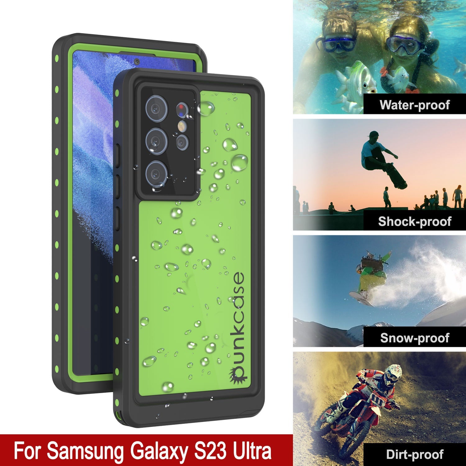 Capa à prova d'água PunkCase StudStar Light Green fina para Galaxy S23 Ultra 6.6ft IP68 à prova de choque subaquática