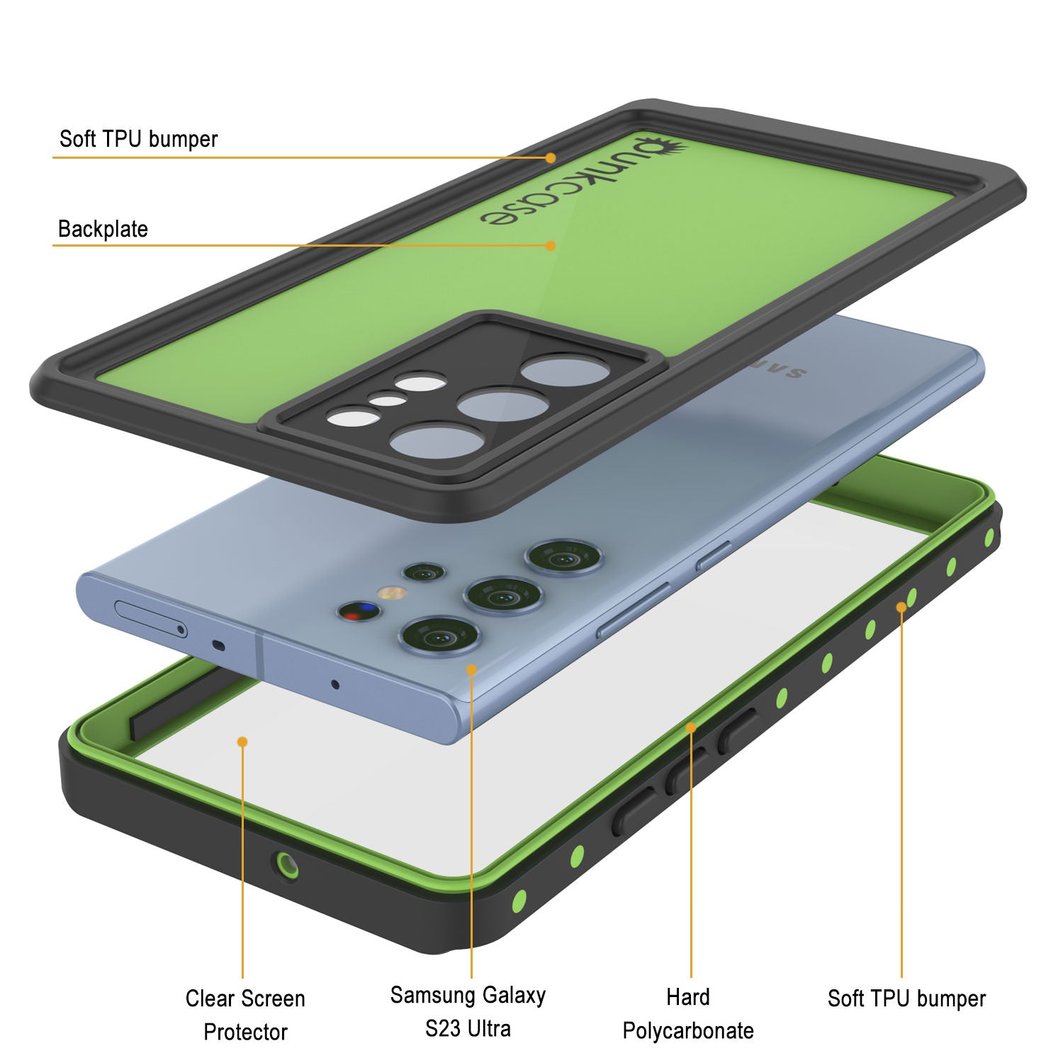 Capa à prova d'água PunkCase StudStar Light Green fina para Galaxy S23 Ultra 6.6ft IP68 à prova de choque subaquática