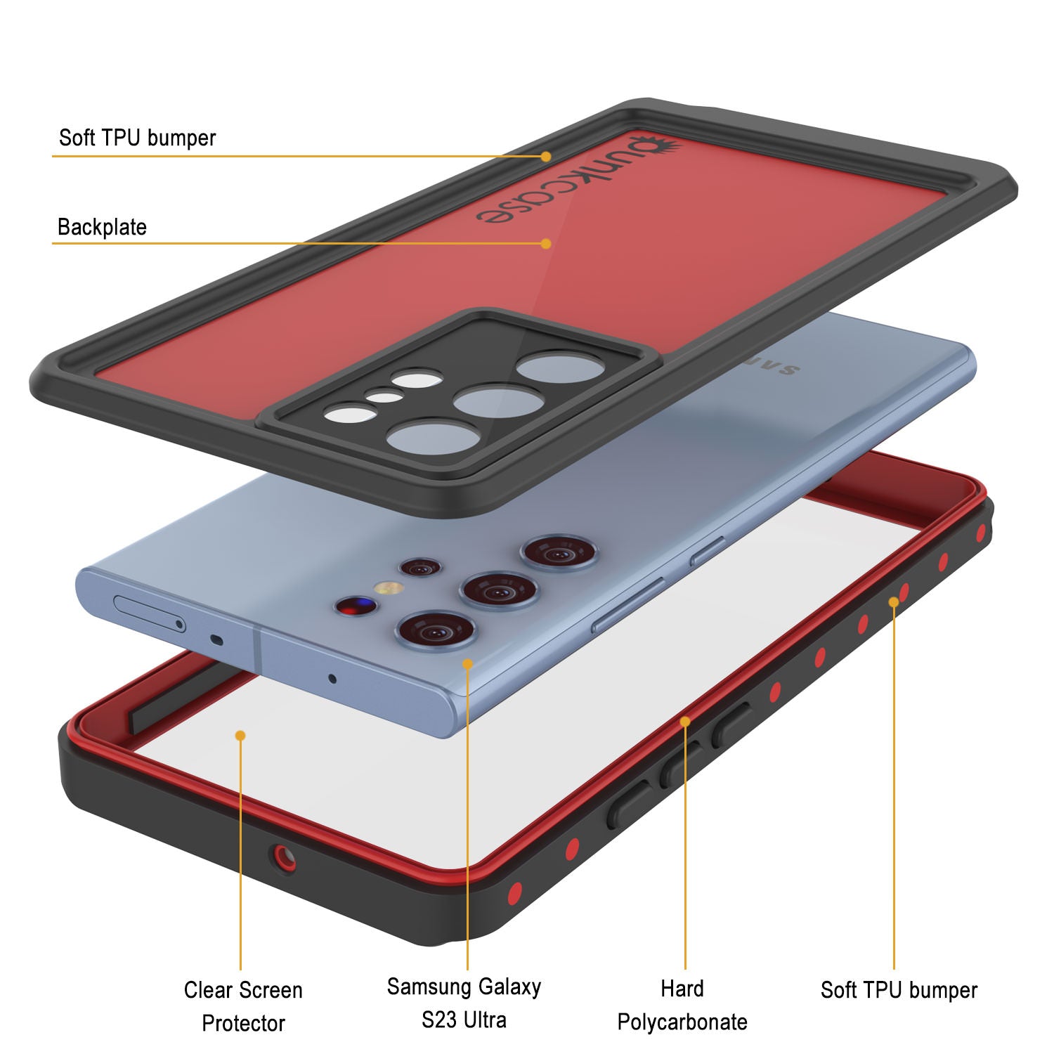Capa à prova d'água Galaxy S23 Ultra PunkCase StudStar Vermelho Fino 6,6ft à prova d'água IP68 à prova de choque/neve