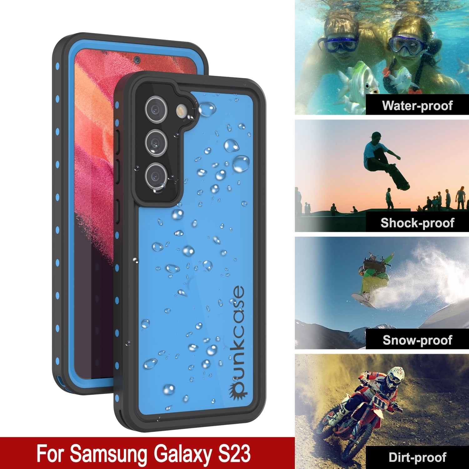 Capa à prova d'água Galaxy S23 PunkCase StudStar Light Blue Fina 6.6 pés subaquático IP68 à prova de choque