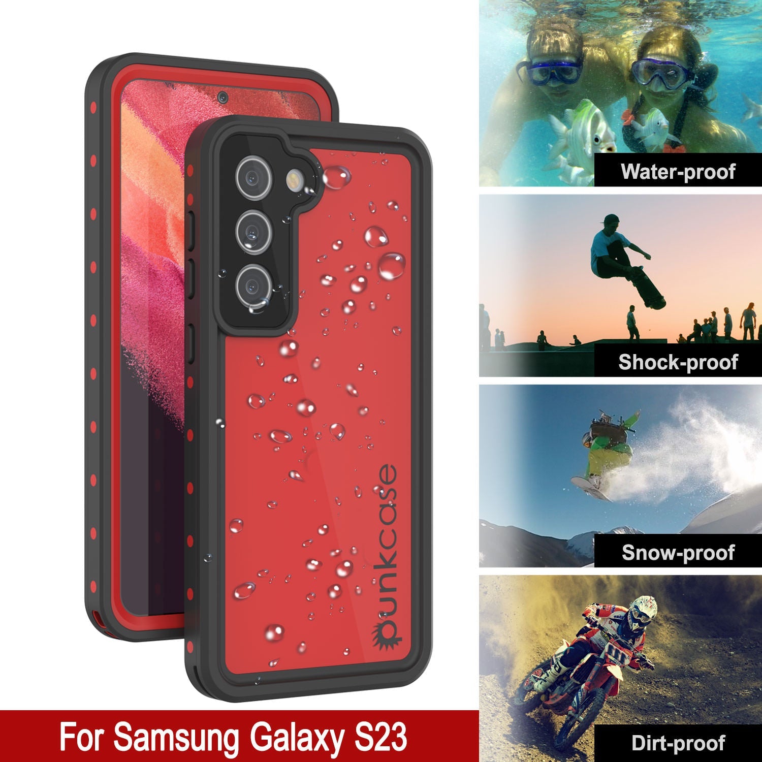 Capa à prova d'água Galaxy S23 PunkCase StudStar Vermelha Fina 6.6ft IP68 Subaquática à Prova de Choque/Neve