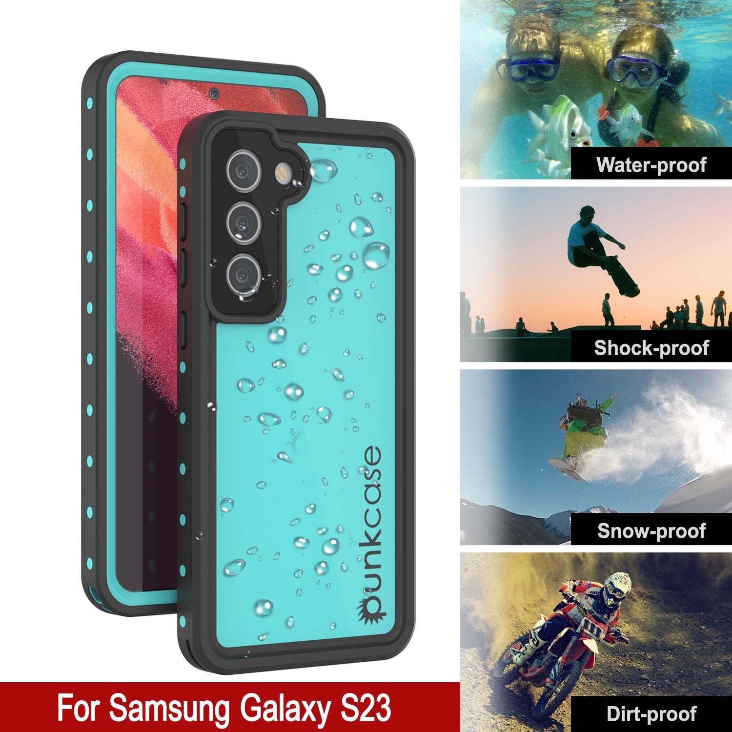Capa à prova d'água para Galaxy S23 PunkCase StudStar Teal Fina 6,6 pés Subaquática IP68 à Prova de Choque/Neve