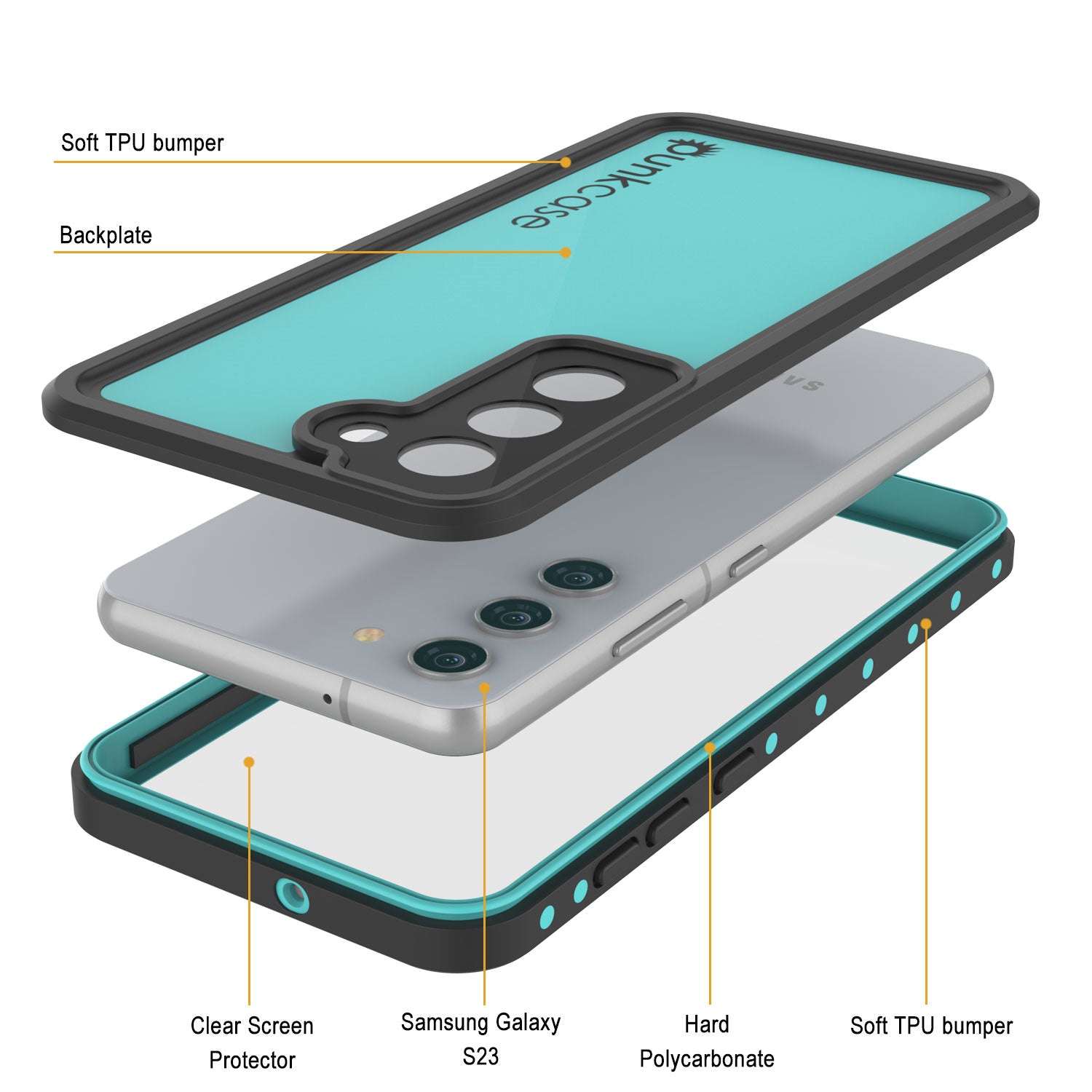 Capa à prova d'água para Galaxy S23 PunkCase StudStar Teal Fina 6,6 pés Subaquática IP68 à Prova de Choque/Neve
