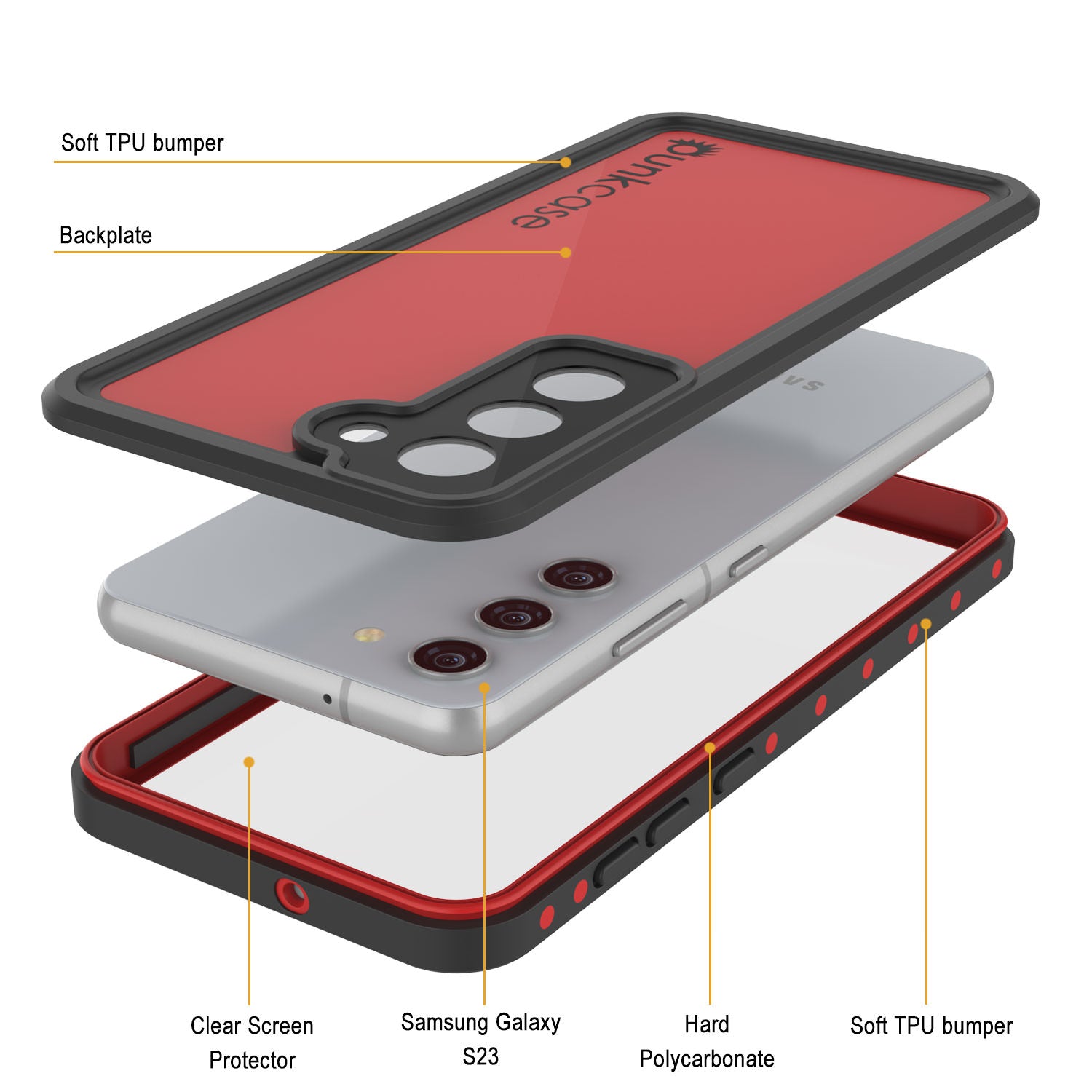 Capa à prova d'água Galaxy S23 PunkCase StudStar Vermelha Fina 6.6ft IP68 Subaquática à Prova de Choque/Neve