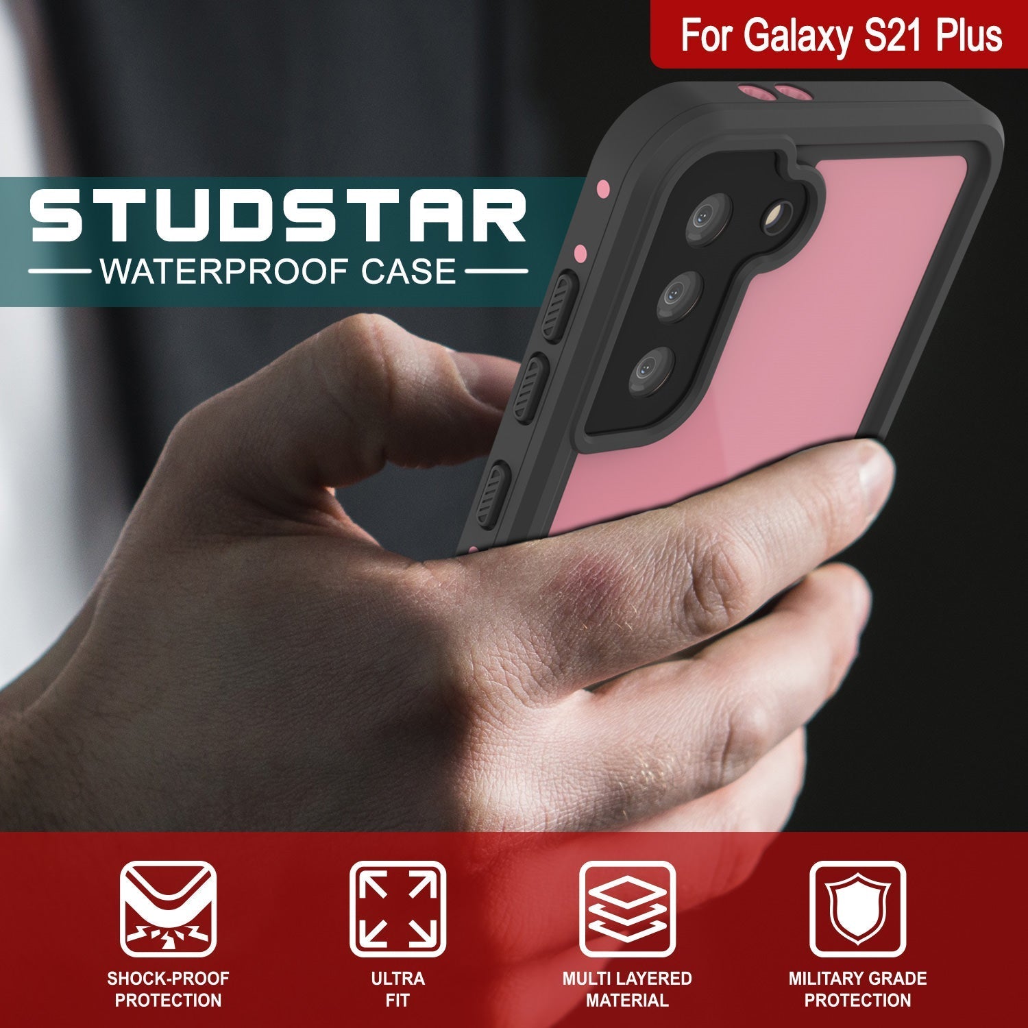 Capa à prova d'água Galaxy S22+ Plus PunkCase StudStar pink fina 6,6 pés à prova d'água IP68 à prova de choque/neve.