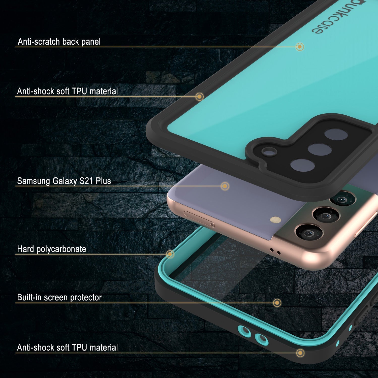 Caixa à prova d'água Galaxy S22+ Plus PunkCase StudStar Teal Fina 6,6ft à Prova de Água IP68 à Prova de Choque/Neve