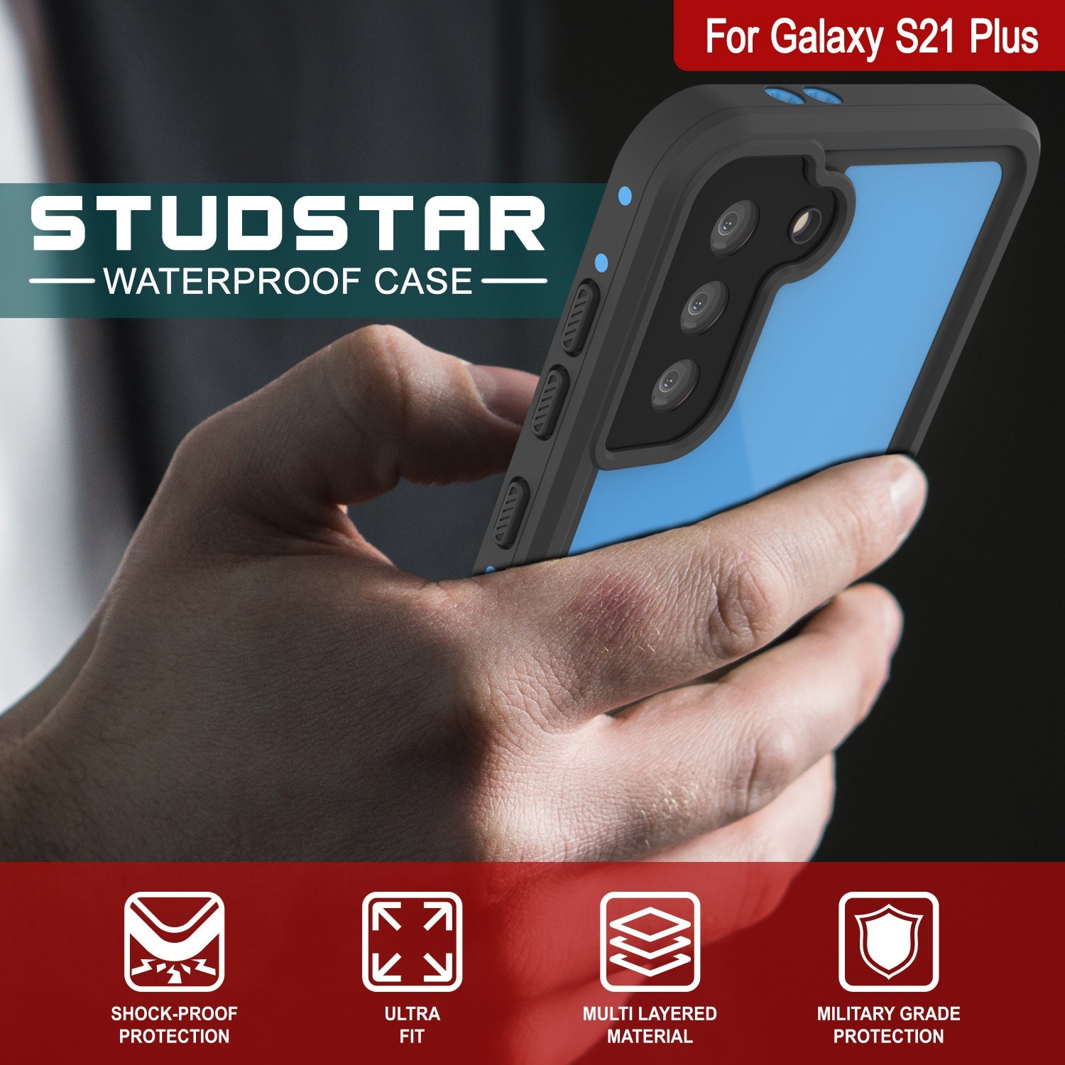 Capa à prova d'água PunkCase StudStar Light Blue fina para Galaxy S21+ Plus 6.6ft à prova de choque subaquático IP68
