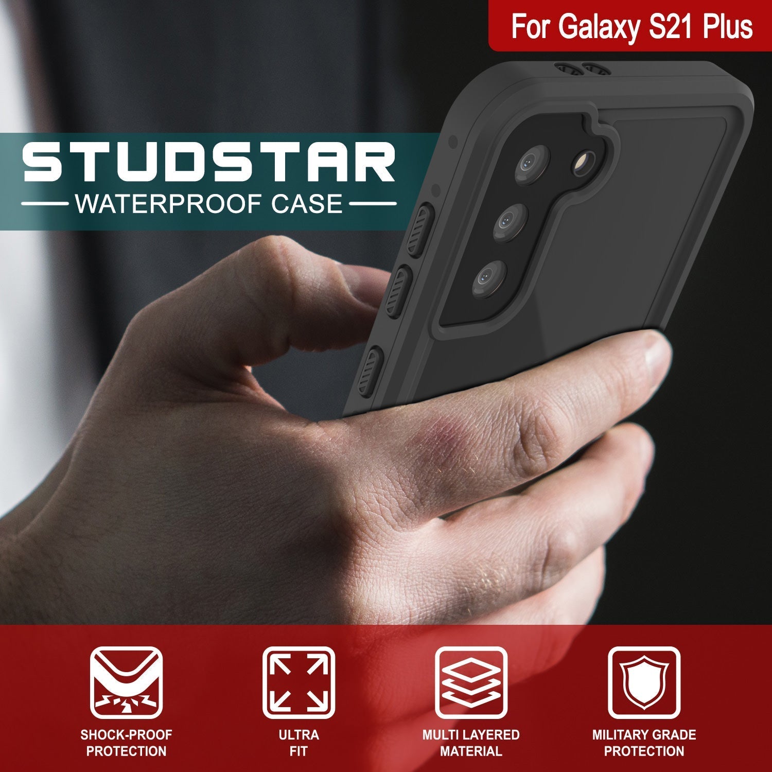 Capa à prova d'água Galaxy S22+ Plus PunkCase StudStar Preta Fina 6,6 pés Subaquática IP68 à Prova de Choque/Neve