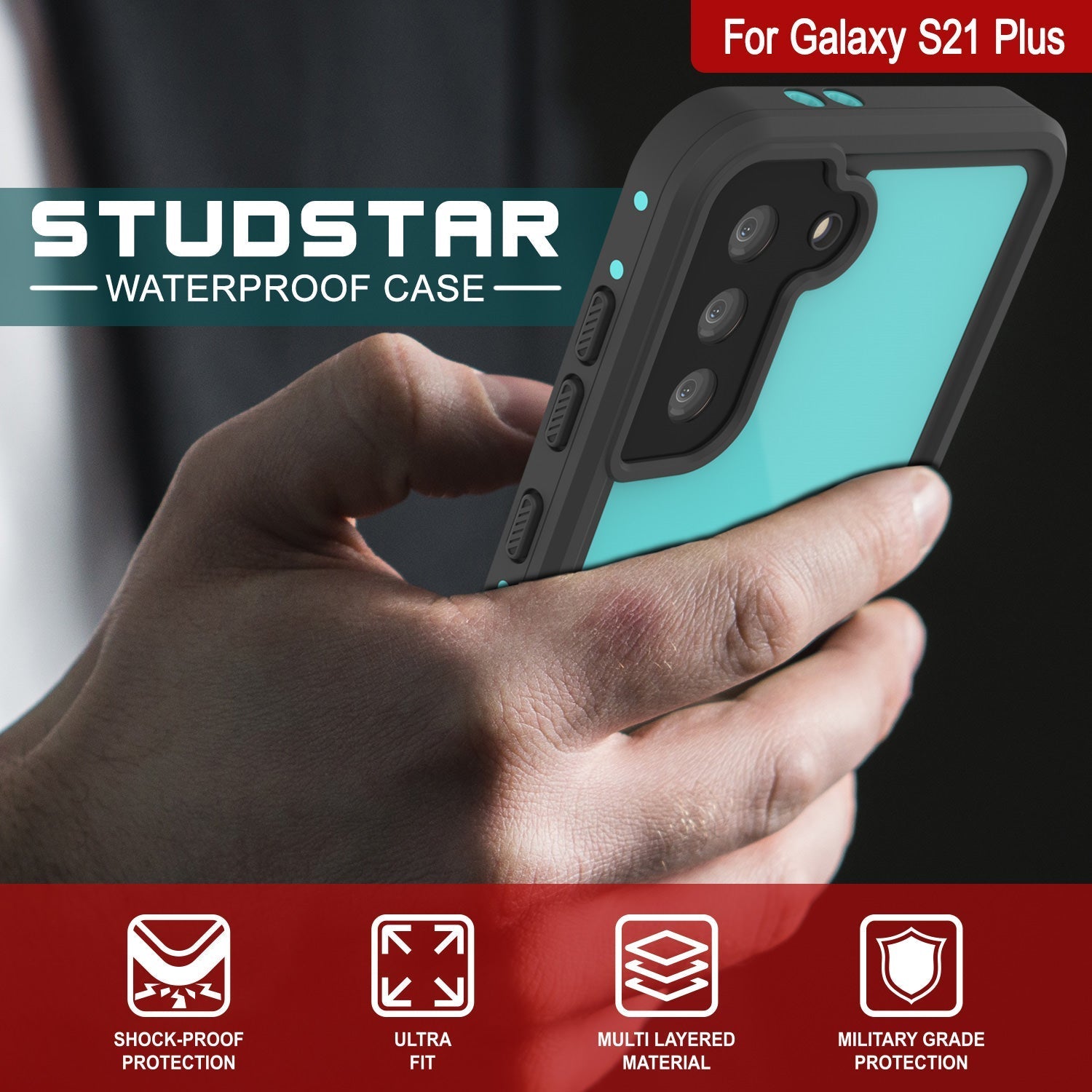 Caixa à prova d'água Galaxy S22+ Plus PunkCase StudStar Teal Fina 6,6ft à Prova de Água IP68 à Prova de Choque/Neve