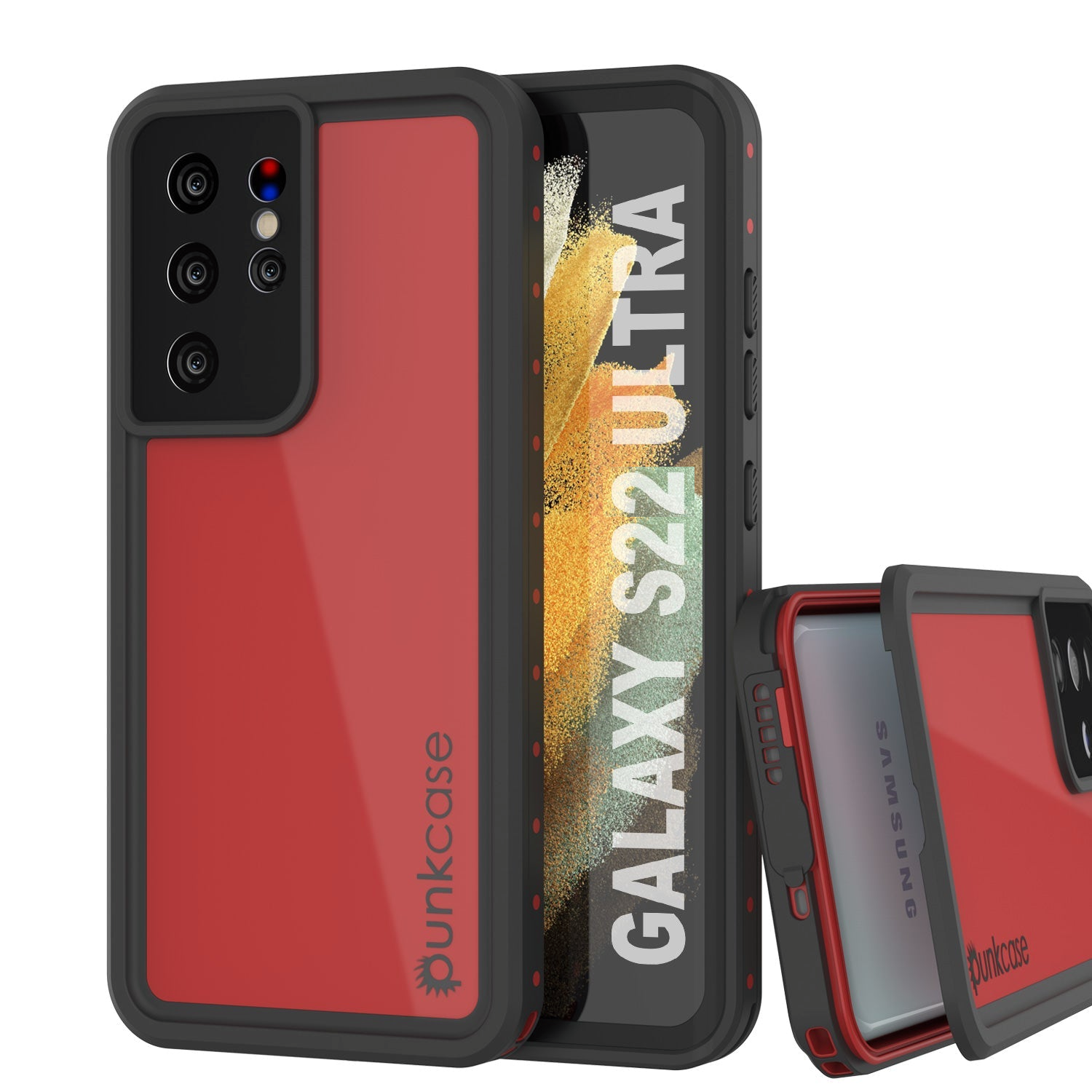 Capa à prova d'água Galaxy S22 Ultra PunkCase StudStar Vermelha Fina 6,6ft à prova d'água IP68 à prova de choque/neve