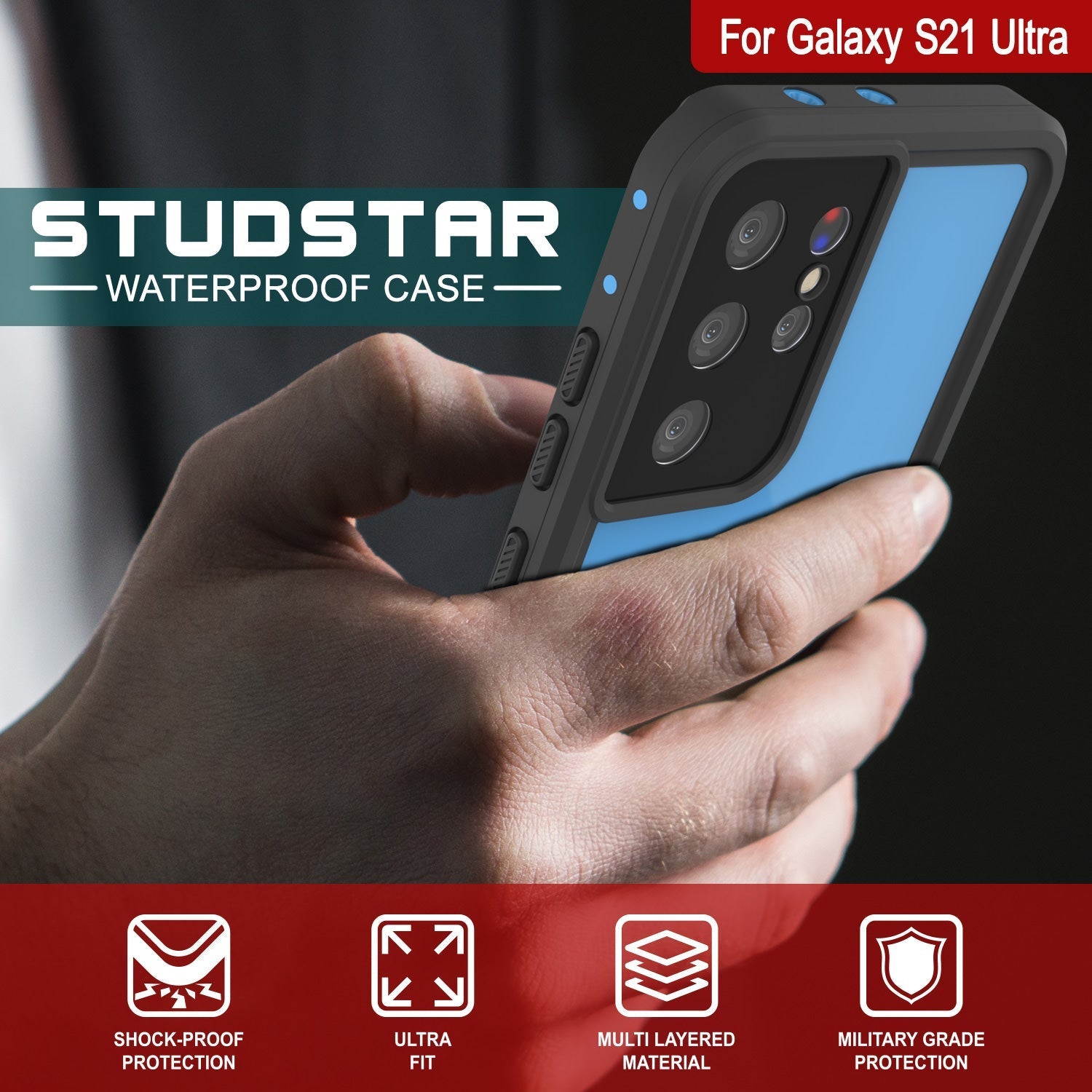 Capa à prova d'água Galaxy S22 Ultra PunkCase StudStar Light Blue Fina de 6,6 pés à prova d'água IP68 resistente a choques