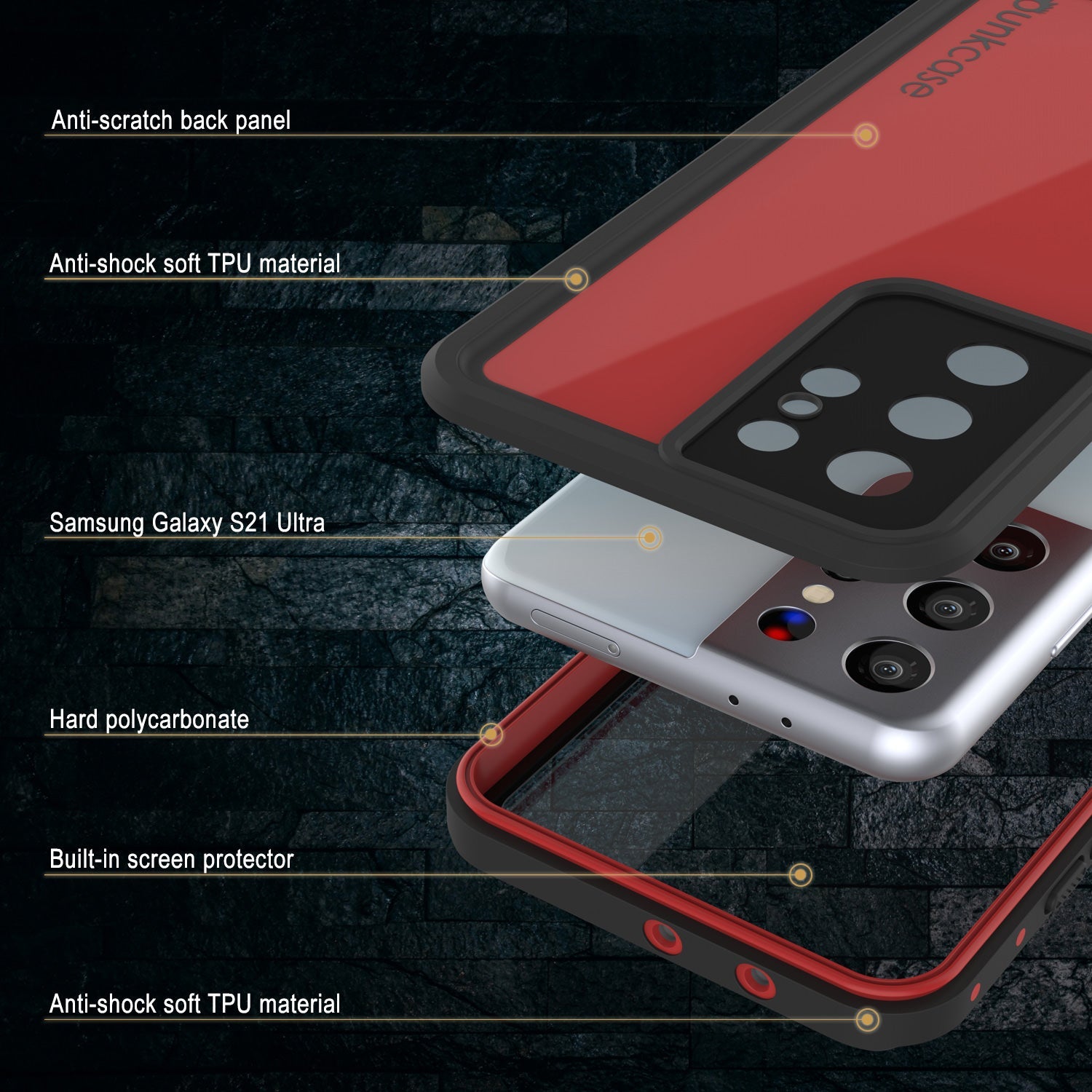 Capa à prova d'água PunkCase StudStar Vermelha fina para Galaxy S21 Ultra 6.6ft IP68 à prova de choque/neve subaquática