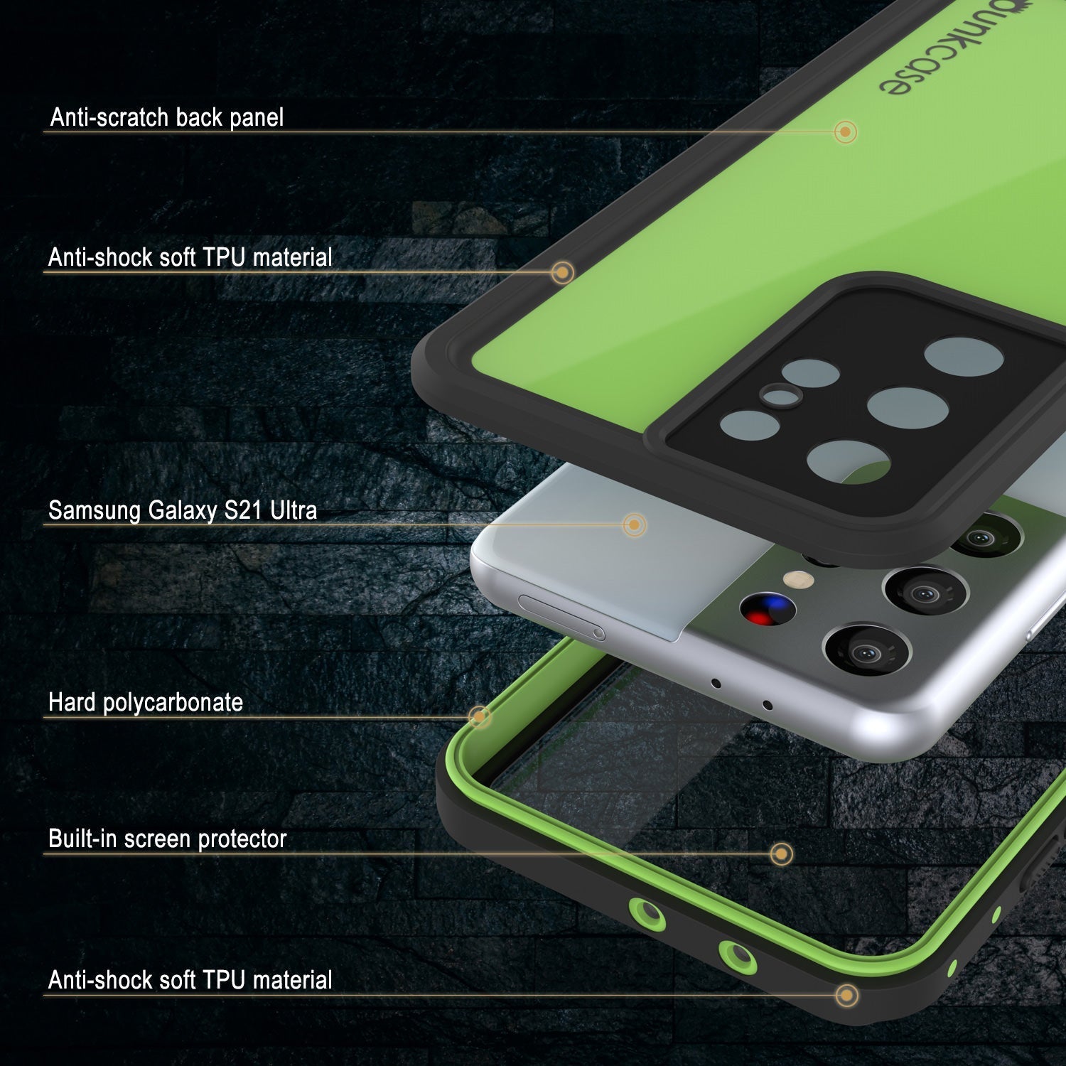 Capa à prova d'água Galaxy S22 Ultra PunkCase StudStar Light Green Fina 6.6ft Subaquática IP68 à Prova de Choque