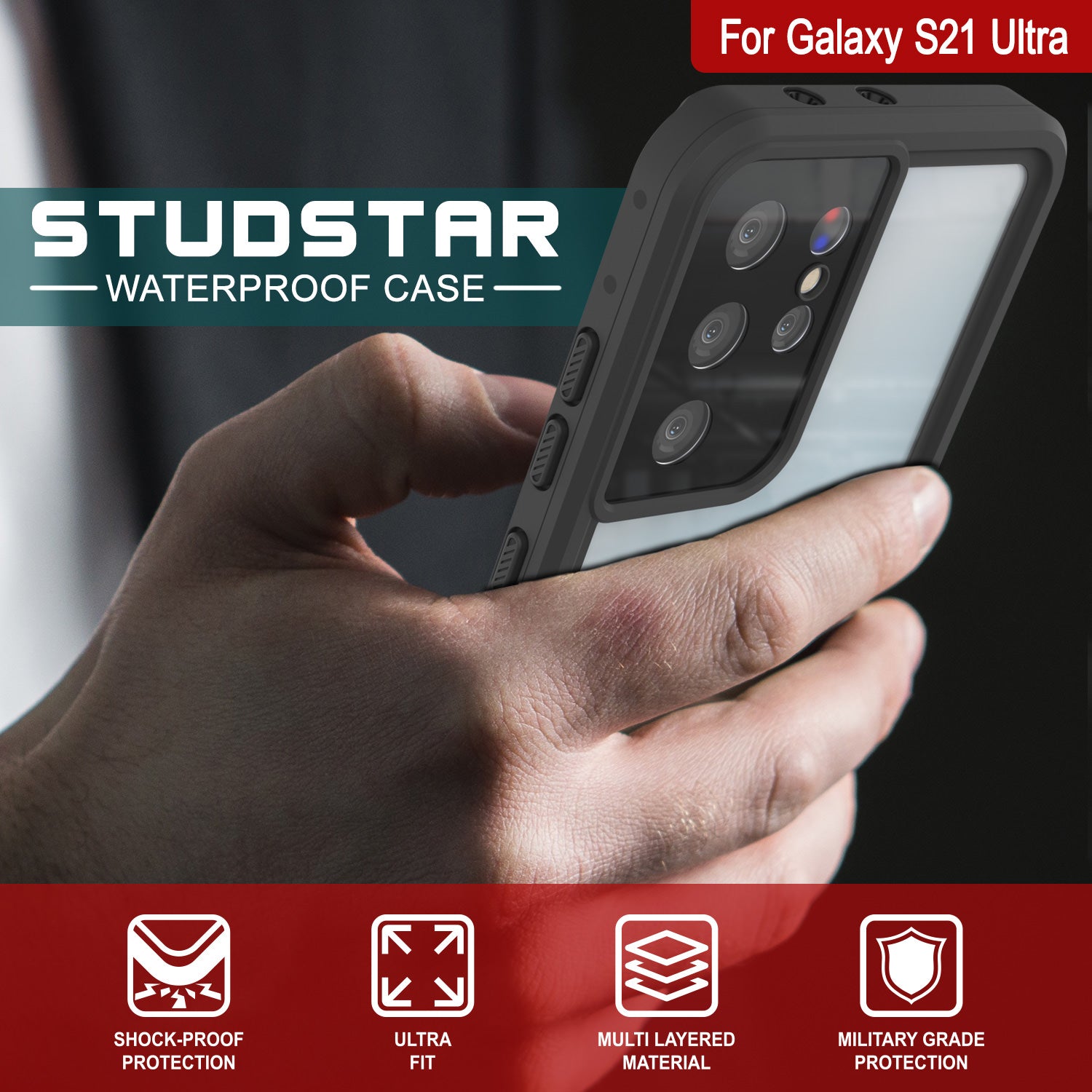 Capa à prova d'água Galaxy S22 Ultra PunkCase StudStar Clear fina de 6.6 pés à prova d'choque/neve subaquática IP68