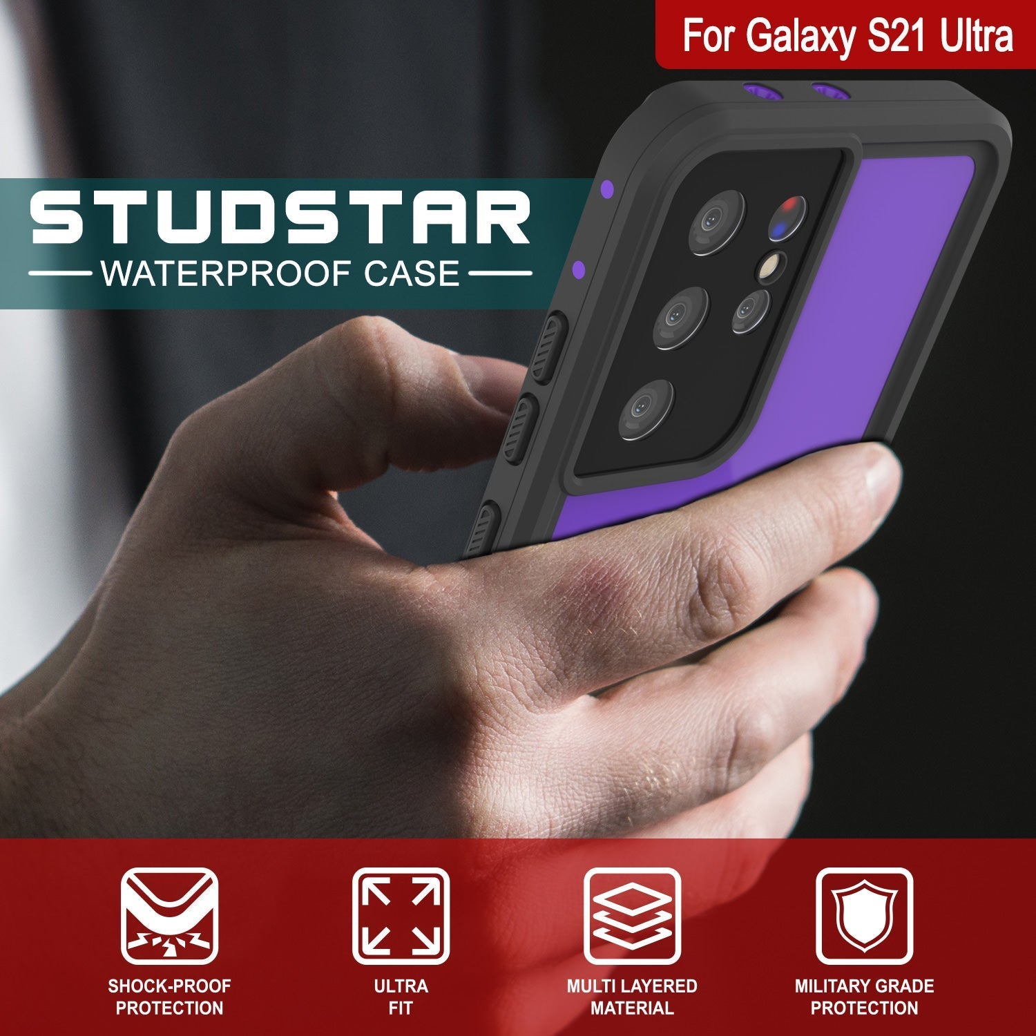 Capa à prova d'água Galaxy S22 Ultra PunkCase StudStar Roxa Fina de 6,6 pés IP68 à prova de choque/neve subaquática