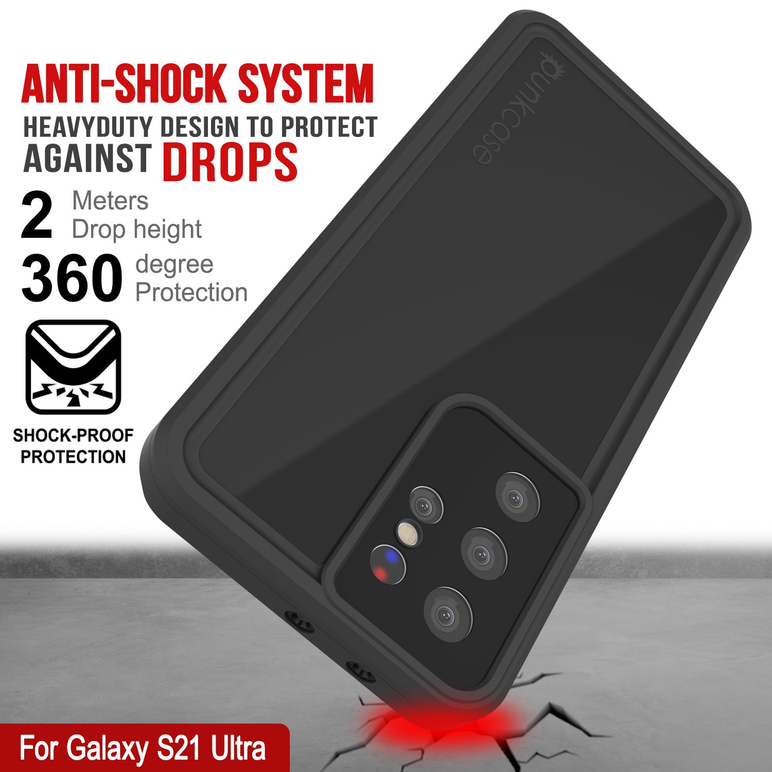 Capa à prova d'água Galaxy S22 Ultra PunkCase StudStar preta fina 6.6 pés subaquática IP68 à prova de choque/neve
