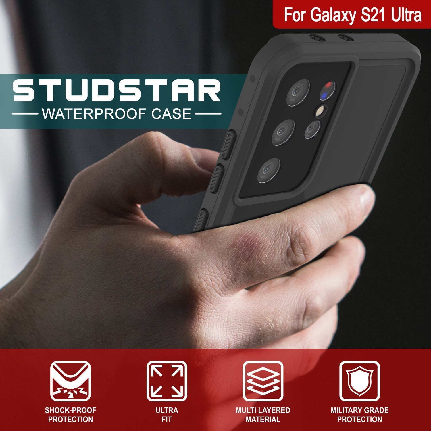 Capa à prova d'água Galaxy S22 Ultra PunkCase StudStar preta fina 6.6 pés subaquática IP68 à prova de choque/neve