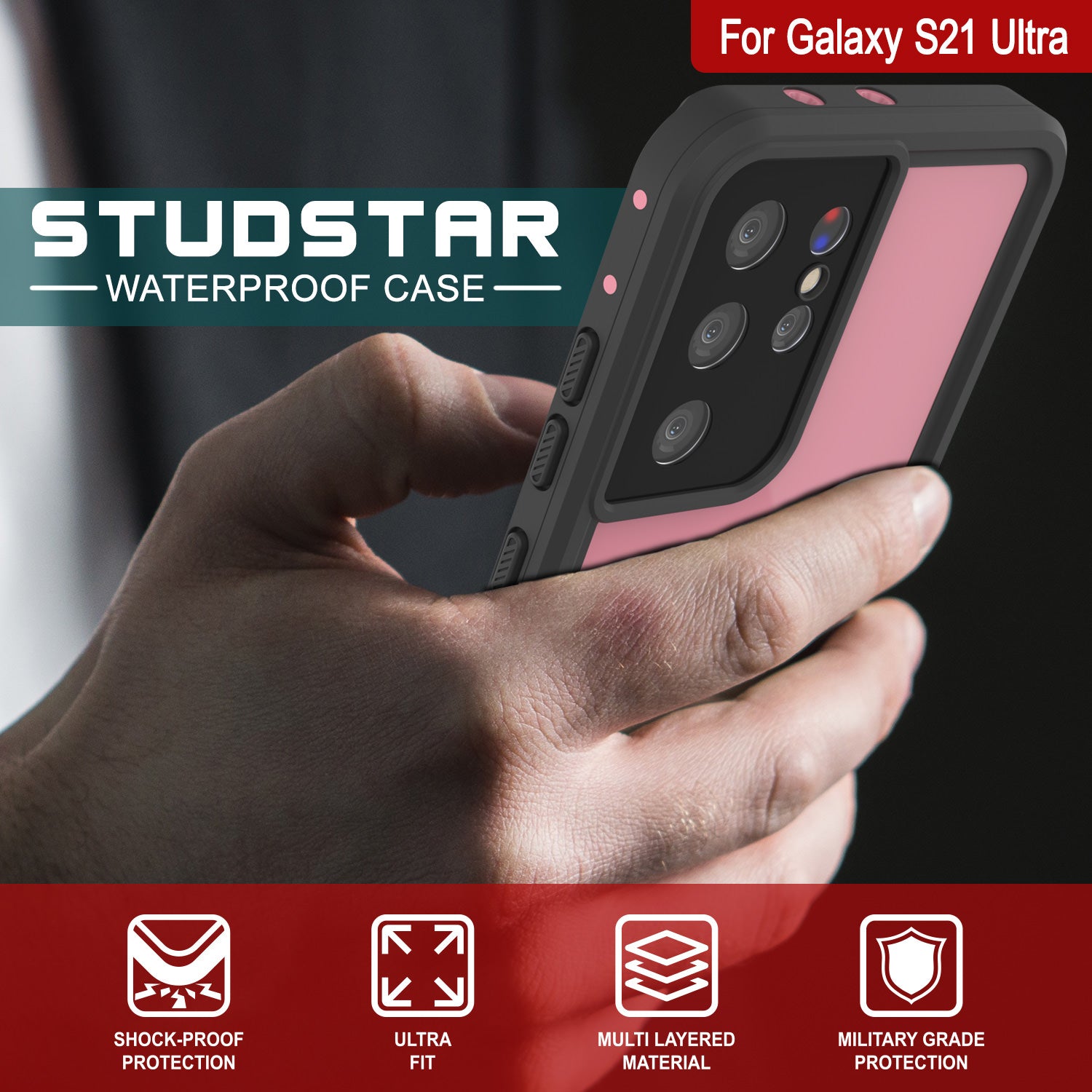 Capa à prova d'água Galaxy S21 Ultra PunkCase StudStar Rosa Fino 6.6ft à prova de choque/neve IP68 Subaquático