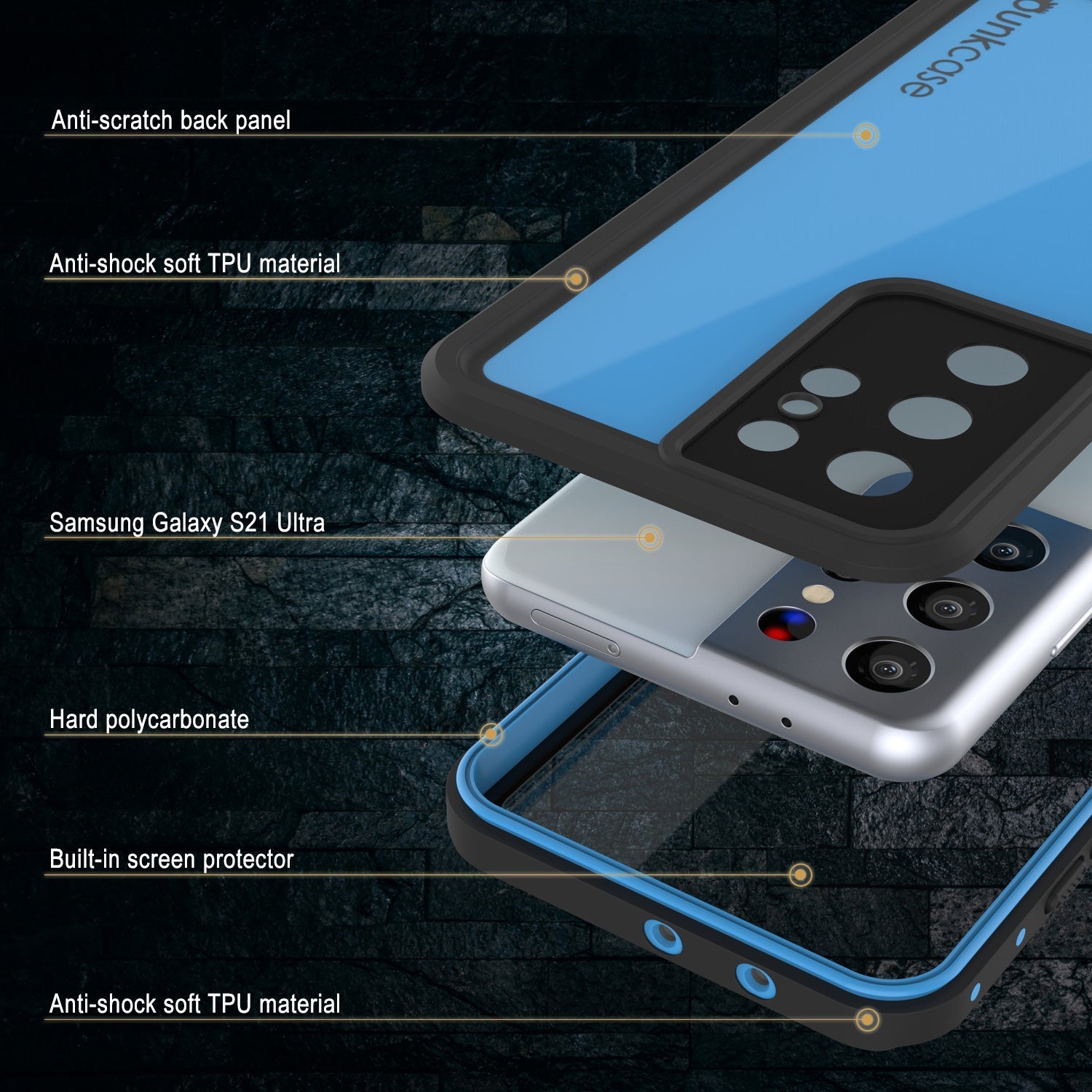 Capa à prova d'água Galaxy S22 Ultra PunkCase StudStar Light Blue Fina de 6,6 pés à prova d'água IP68 resistente a choques