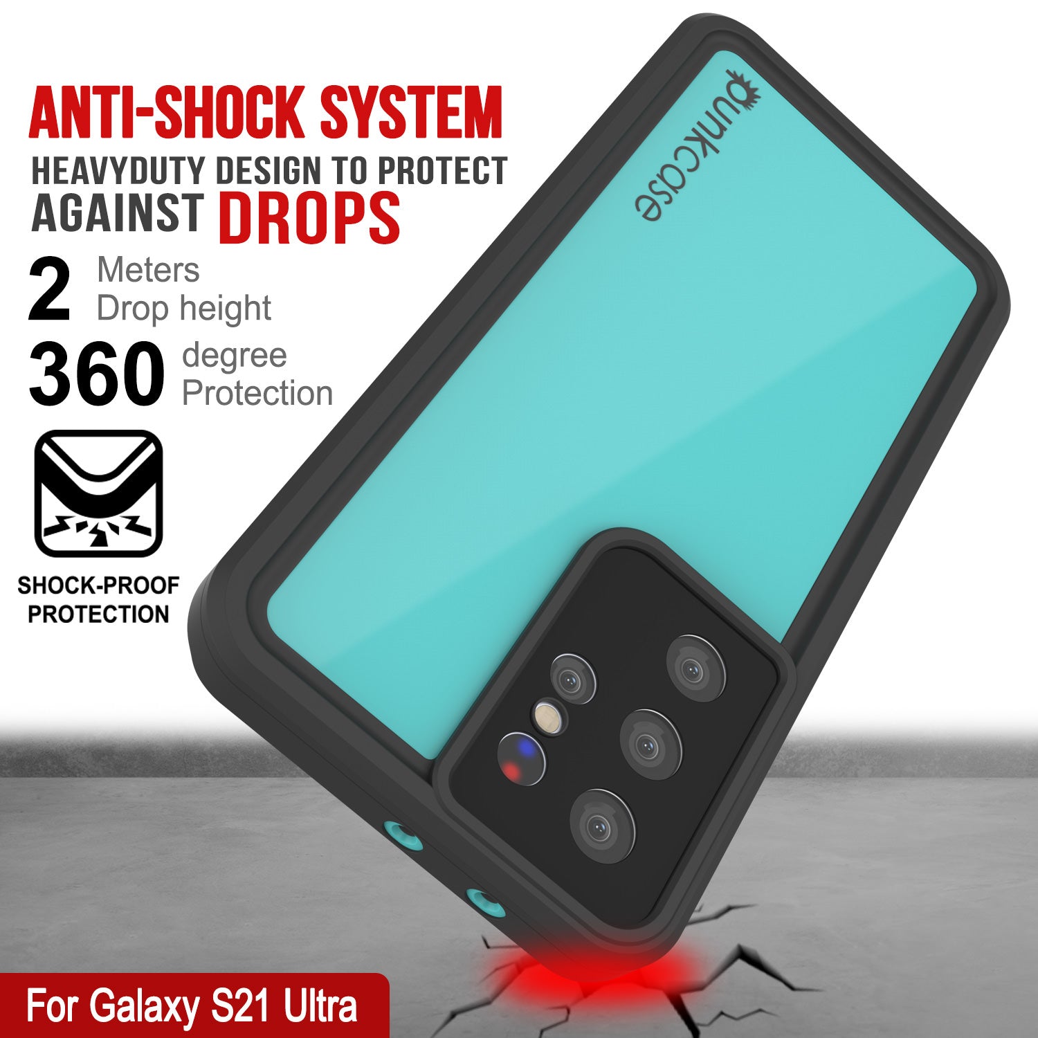 Capa à prova d'água Galaxy S22 Ultra PunkCase StudStar Teal fina 6.6ft subaquática à prova de choque/neve IP68