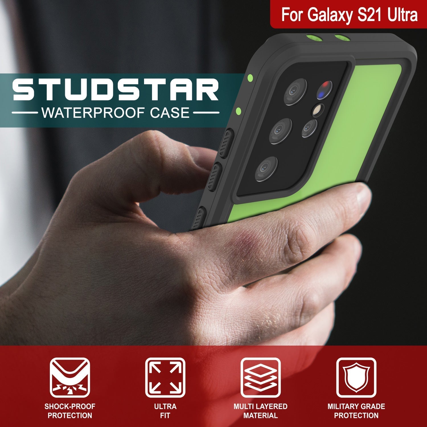 Capa à prova d'água Galaxy S22 Ultra PunkCase StudStar Light Green Fina 6.6ft Subaquática IP68 à Prova de Choque