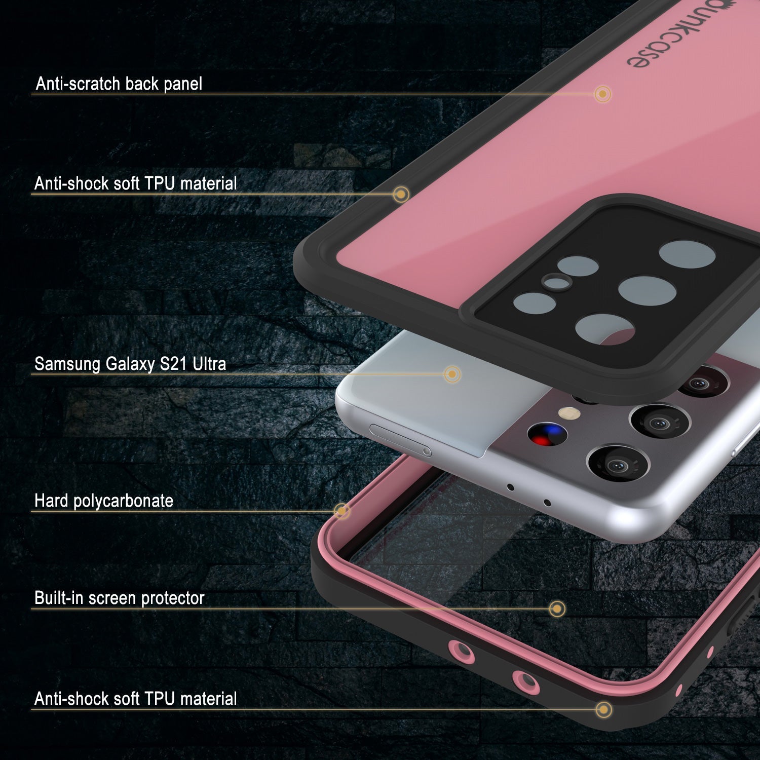 Capa à prova d'água Galaxy S21 Ultra PunkCase StudStar Rosa Fino 6.6ft à prova de choque/neve IP68 Subaquático