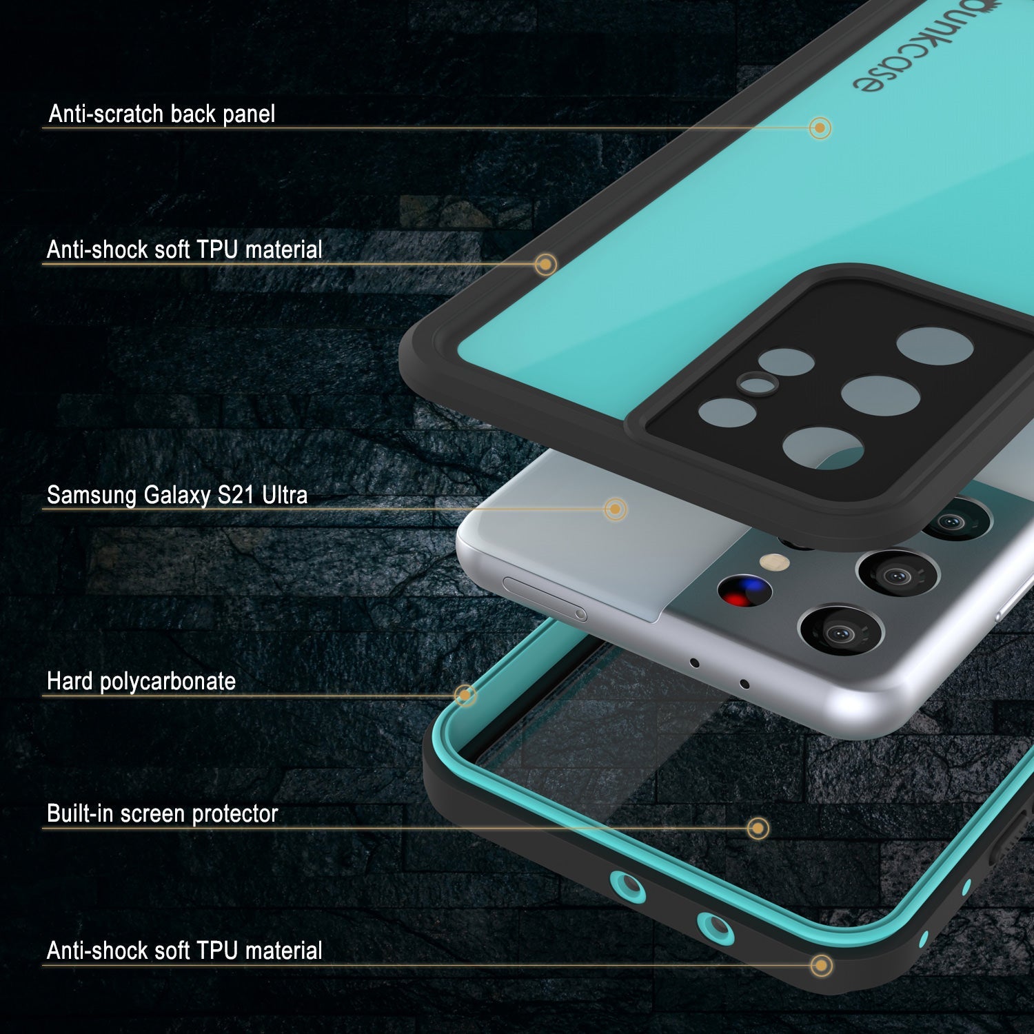 Capa à prova d'água Galaxy S21 Ultra PunkCase StudStar Teal Fina 6.6ft Subaquática IP68 à prova de choque/neve
