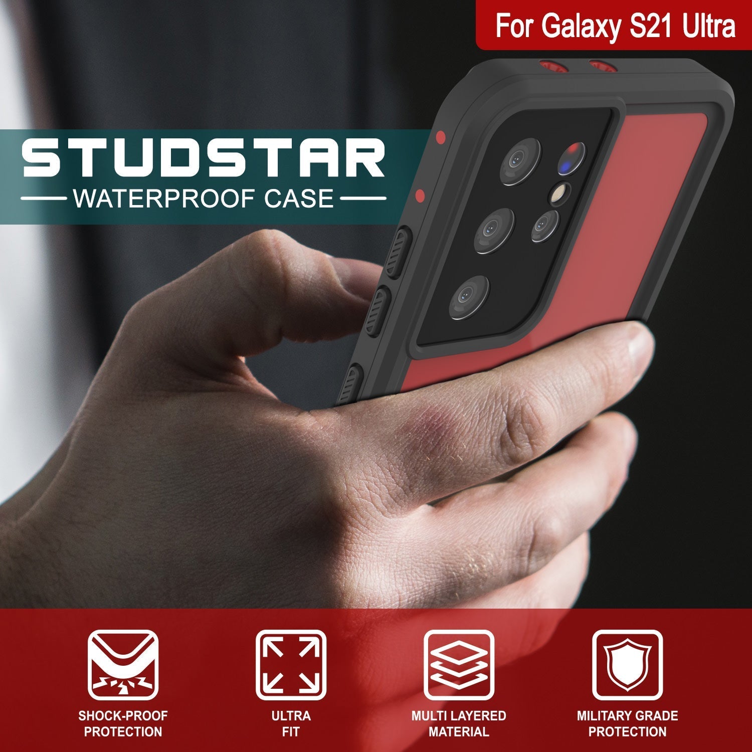 Capa à prova d'água Galaxy S22 Ultra PunkCase StudStar Vermelha Fina 6,6ft à prova d'água IP68 à prova de choque/neve