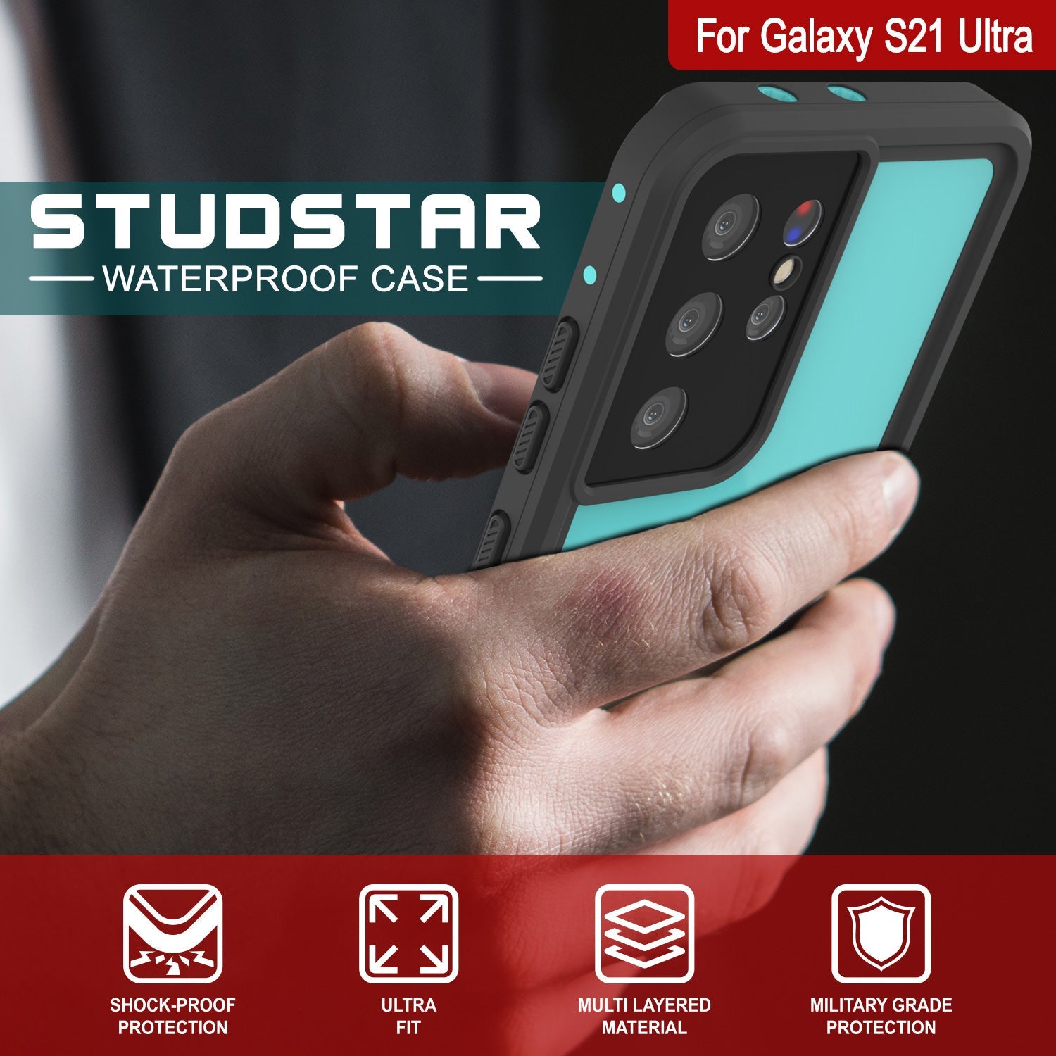 Capa à prova d'água Galaxy S21 Ultra PunkCase StudStar Teal Fina 6.6ft Subaquática IP68 à prova de choque/neve