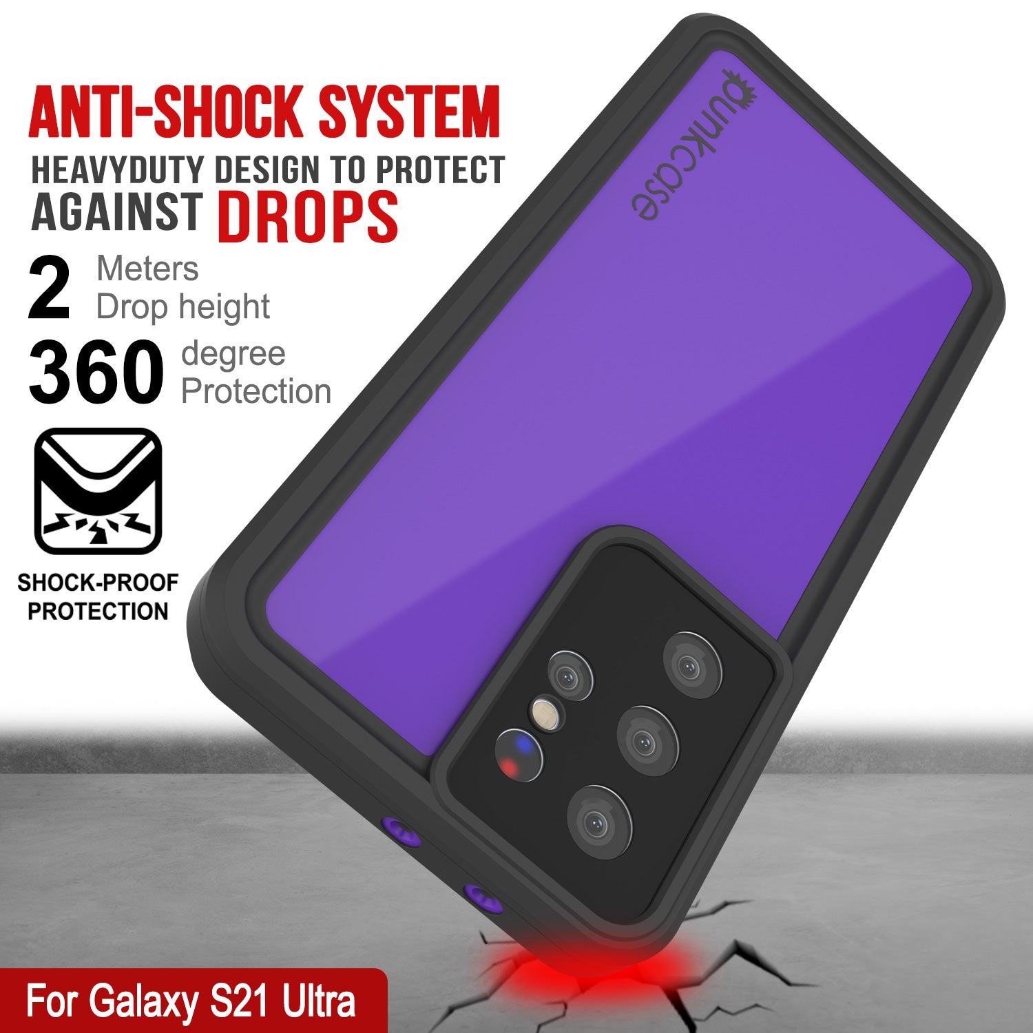 Capa à prova d'água Galaxy S22 Ultra PunkCase StudStar Roxa Fina de 6,6 pés IP68 à prova de choque/neve subaquática