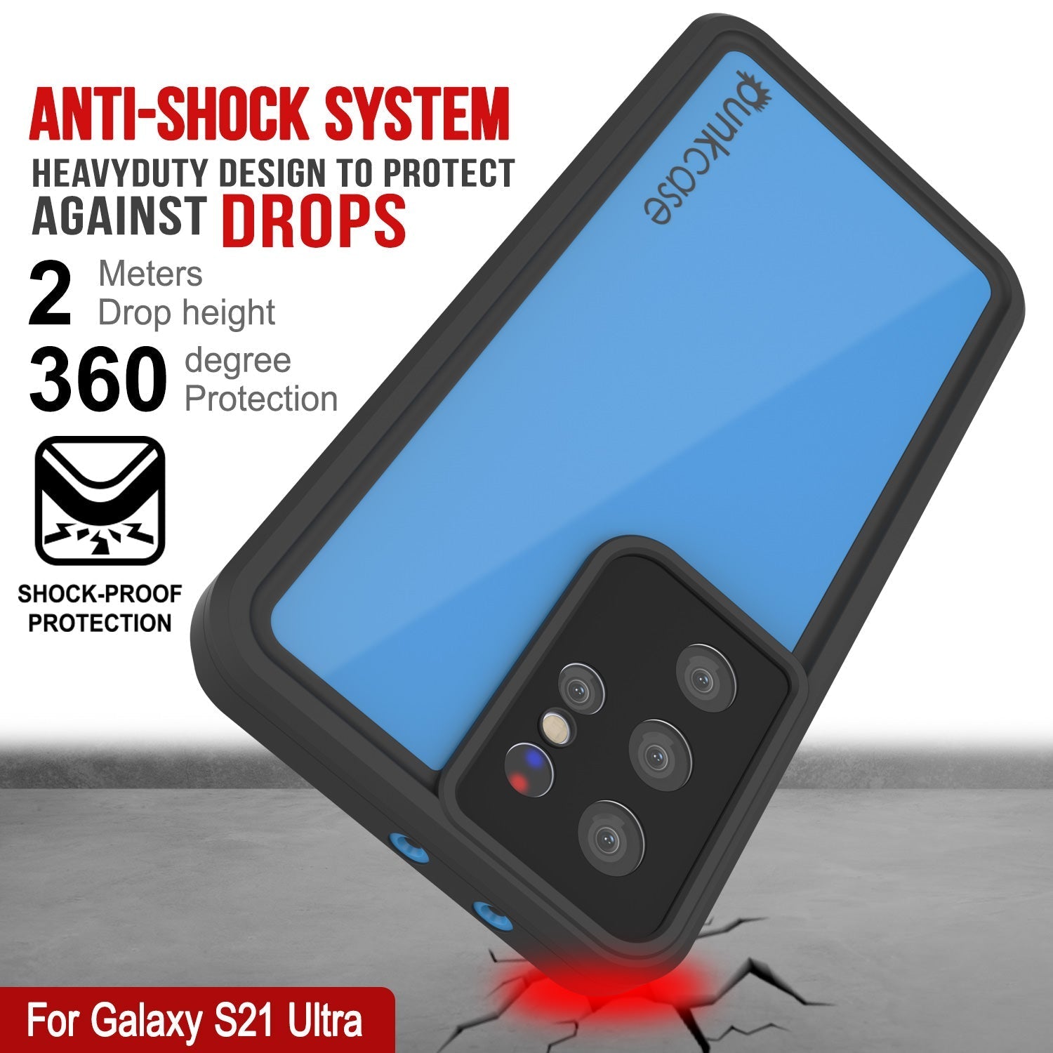 Capa à prova d'água Galaxy S22 Ultra PunkCase StudStar Light Blue Fina de 6,6 pés à prova d'água IP68 resistente a choques