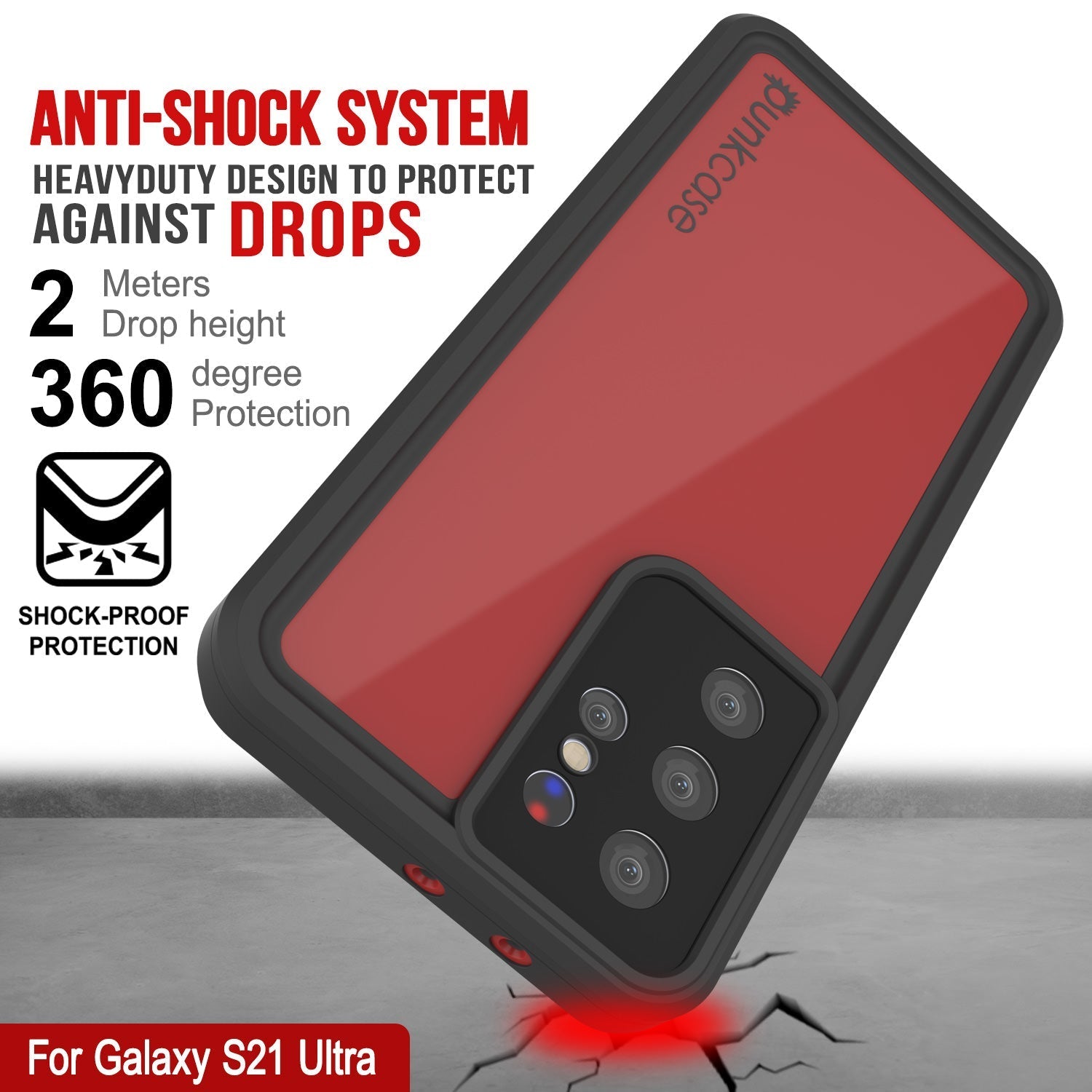 Capa à prova d'água Galaxy S22 Ultra PunkCase StudStar Vermelha Fina 6,6ft à prova d'água IP68 à prova de choque/neve
