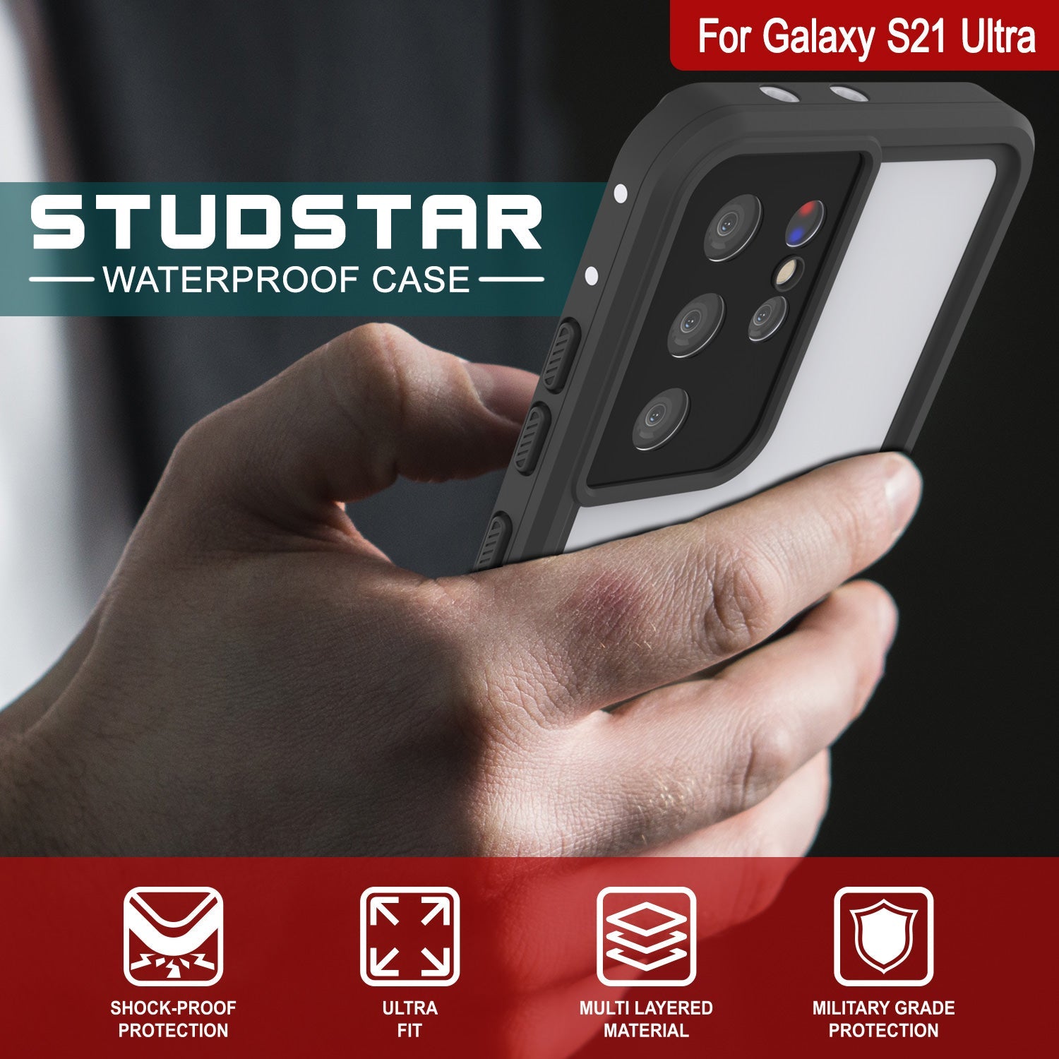 Capa à prova d'água Galaxy S21 Ultra, Punkcase StudStar Branca Fina 6.6ft à prova de água IP68 à prova de choque/neve