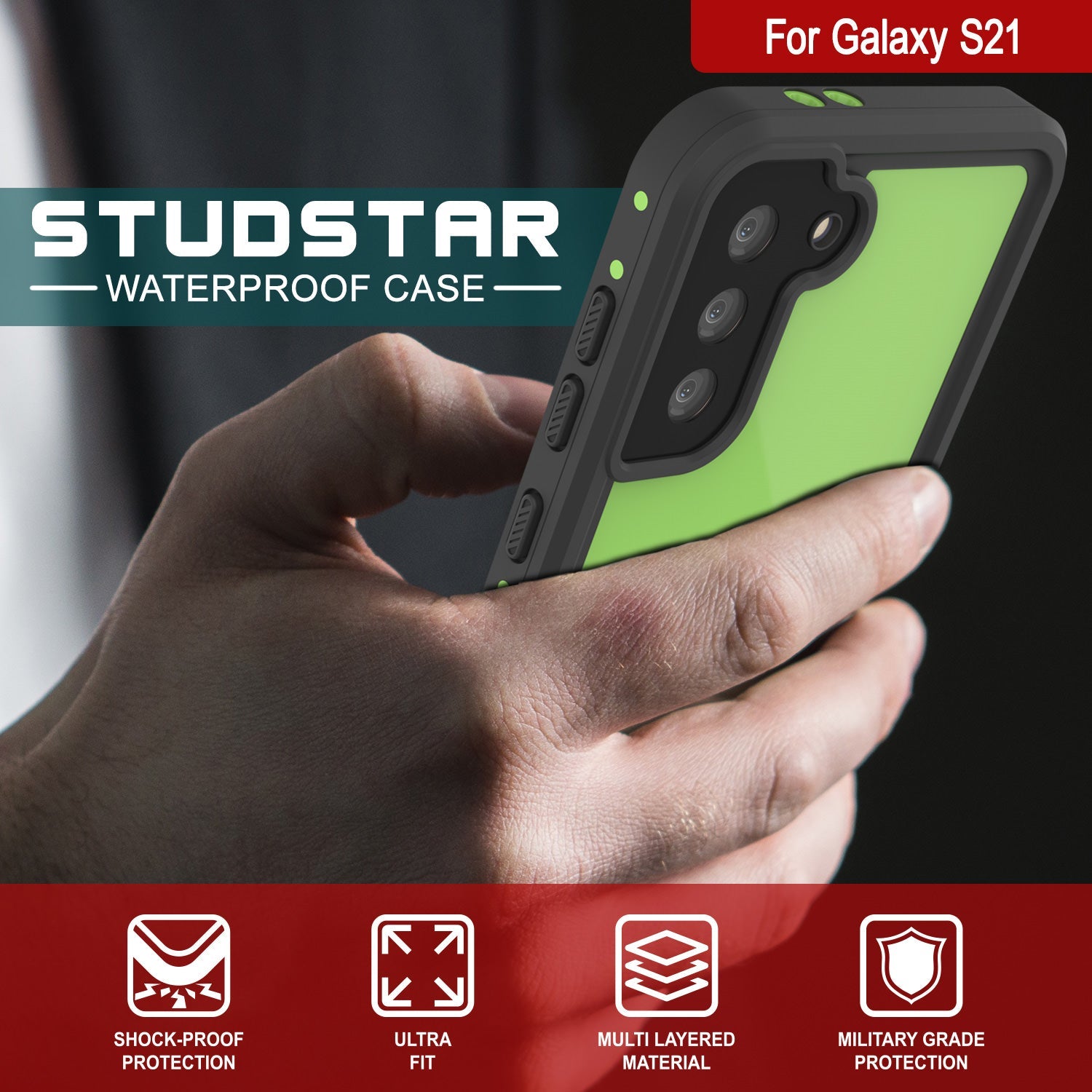 Capa à Prova d'Água para Galaxy S21 PunkCase StudStar Verde Claro Fina 6.6ft Subaquática IP68 Anti-choque