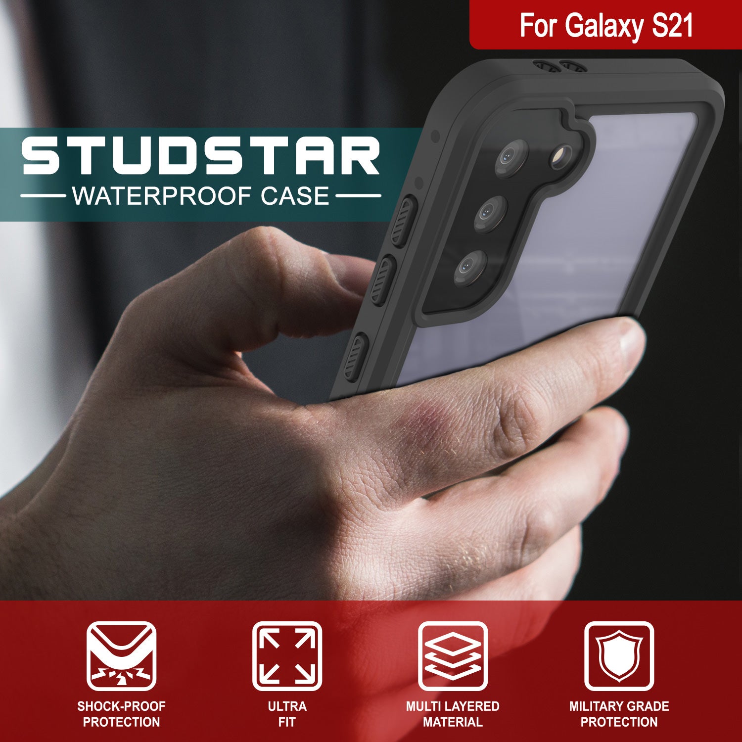 Capa à prova d'água para Galaxy S21 PunkCase StudStar Clear Thin 6.6ft IP68 à prova de choque/neve subaquática