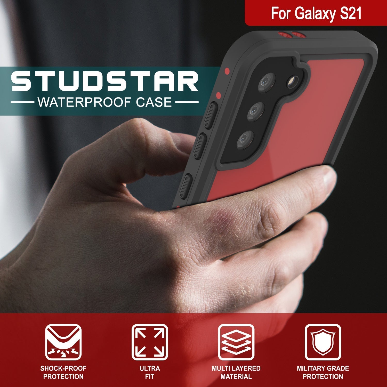 Capa à prova d'água Galaxy S22 PunkCase StudStar Vermelha Fina 6,6 pés IP68 à prova de choque/neve subaquática