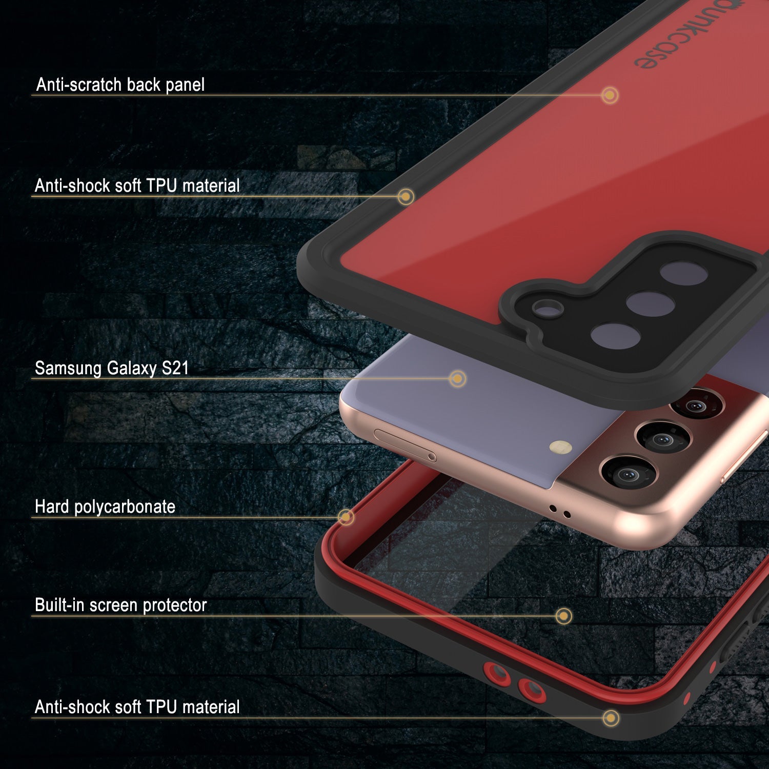 Capa à prova d'água Galaxy S21 PunkCase StudStar Vermelha Fina 6,6 pés subaquática à prova de choque/neve IP68