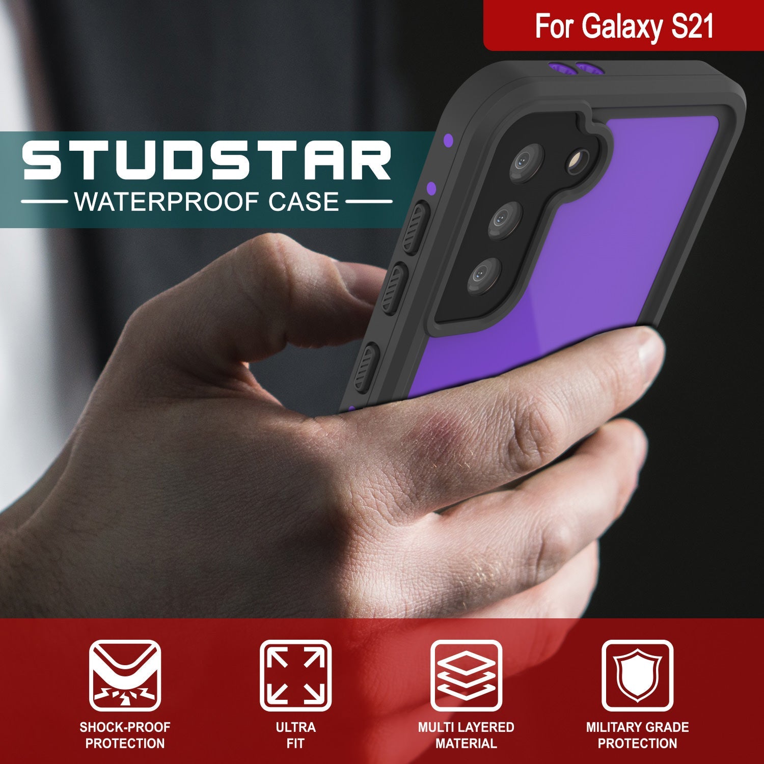 Capa à prova d'água Galaxy S21 PunkCase StudStar Roxo Fino 6.6ft Subaquático IP68 À Prova de Choque/Neve