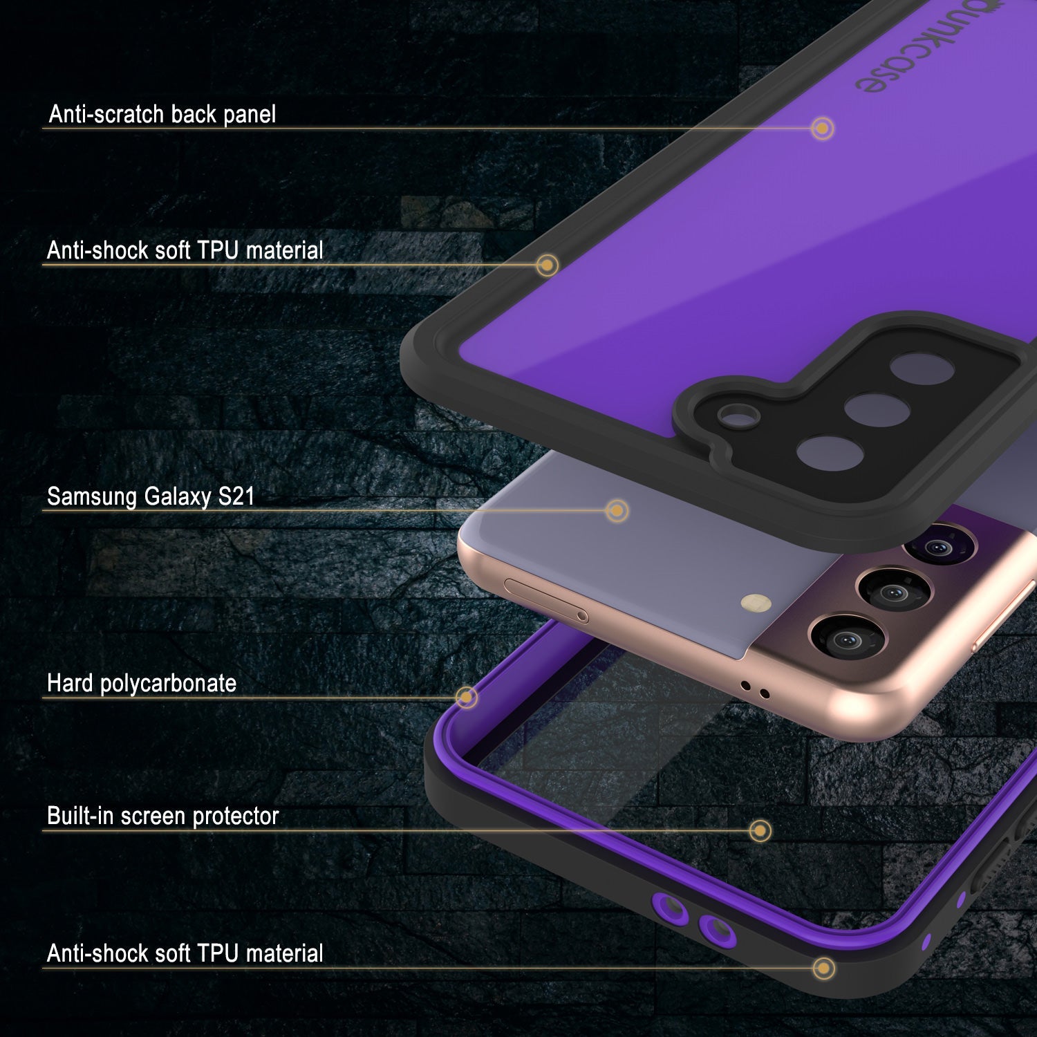 Capa à prova d'água Galaxy S21 PunkCase StudStar Roxo Fino 6.6ft Subaquático IP68 À Prova de Choque/Neve