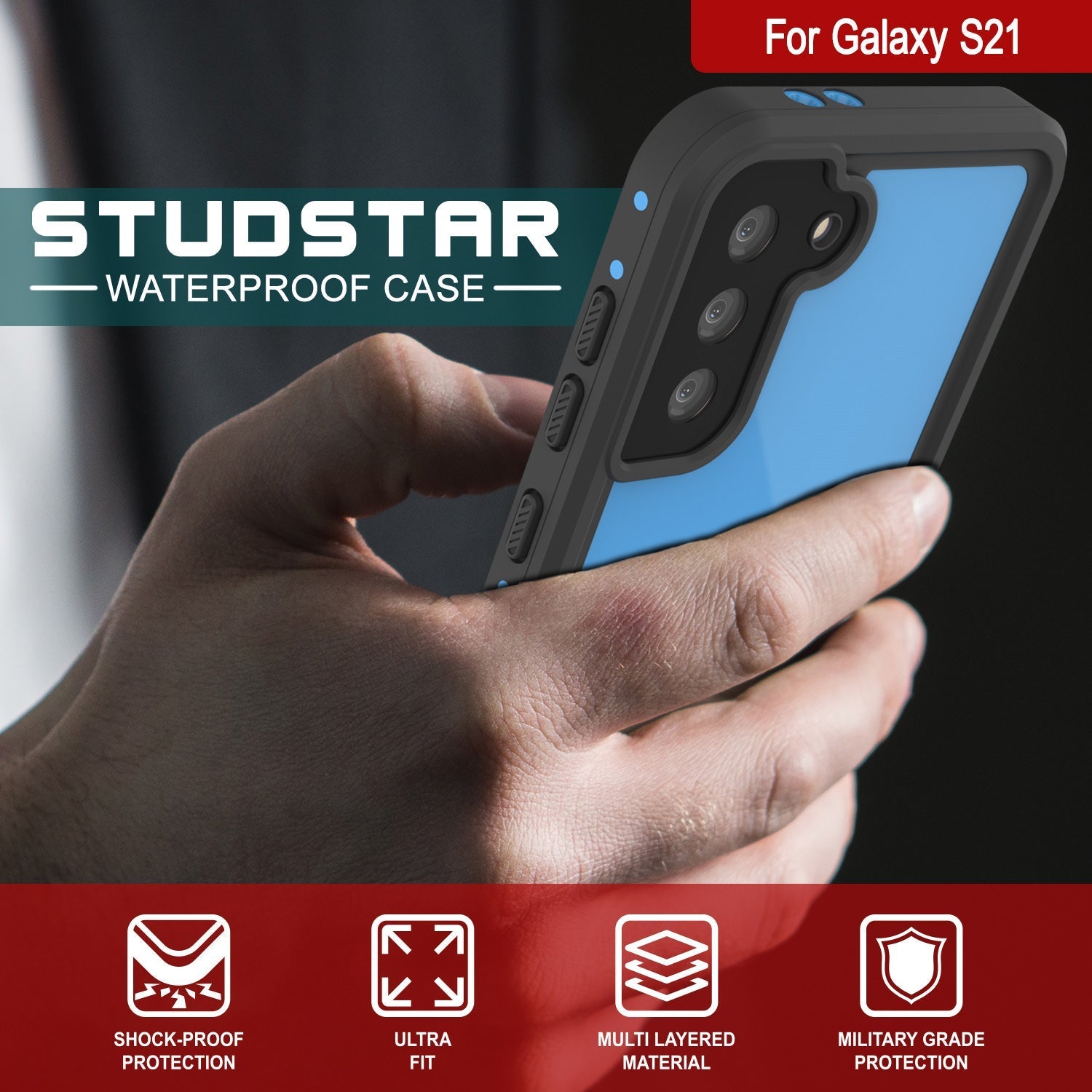 Capa à prova d'água Galaxy S22 PunkCase StudStar Light Blue Fina 6.6 pés à prova de choque IP68 subaquática