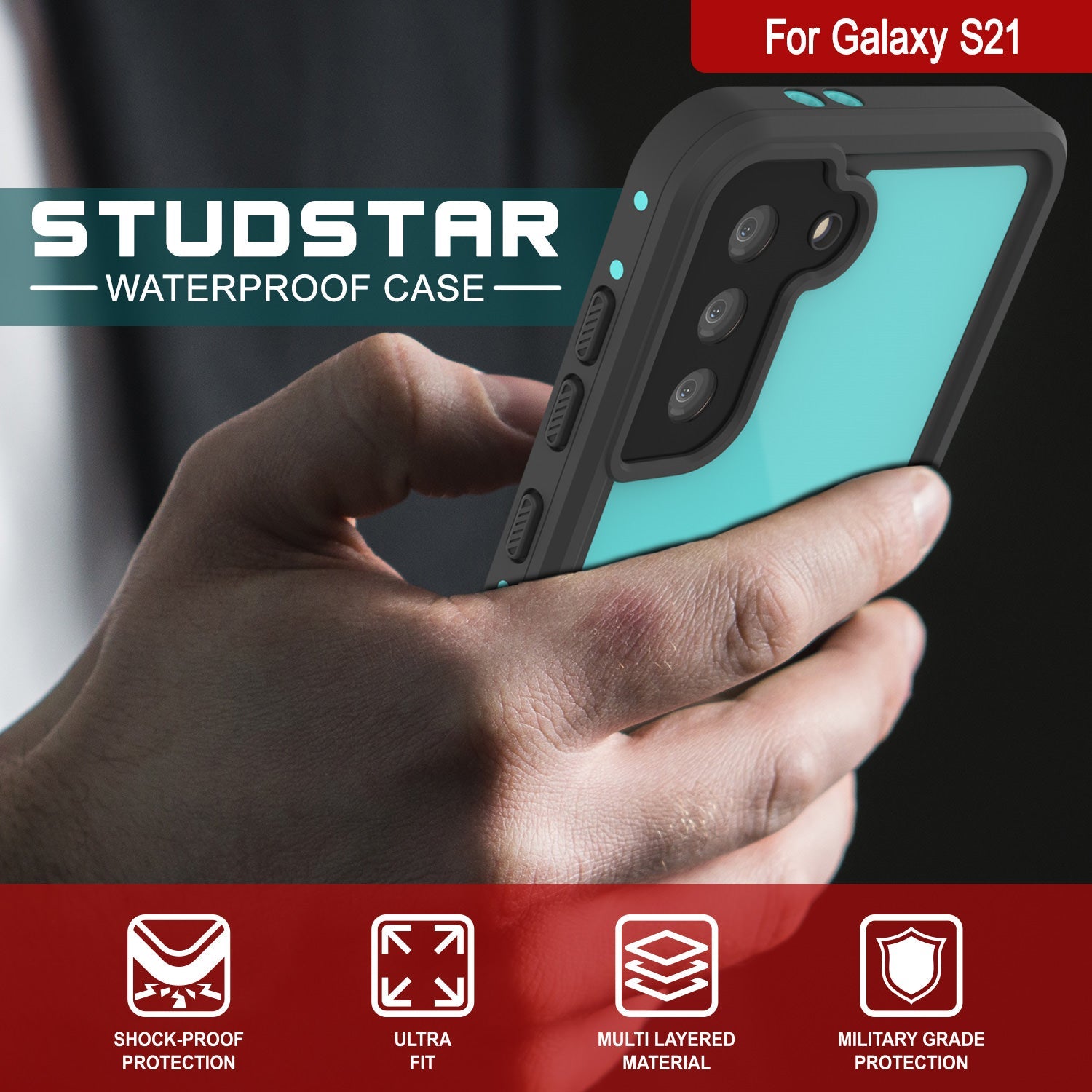 Capa à prova d'água Galaxy S21 PunkCase StudStar Teal fina 6.6ft à prova d'água IP68 resistente a choques/neve