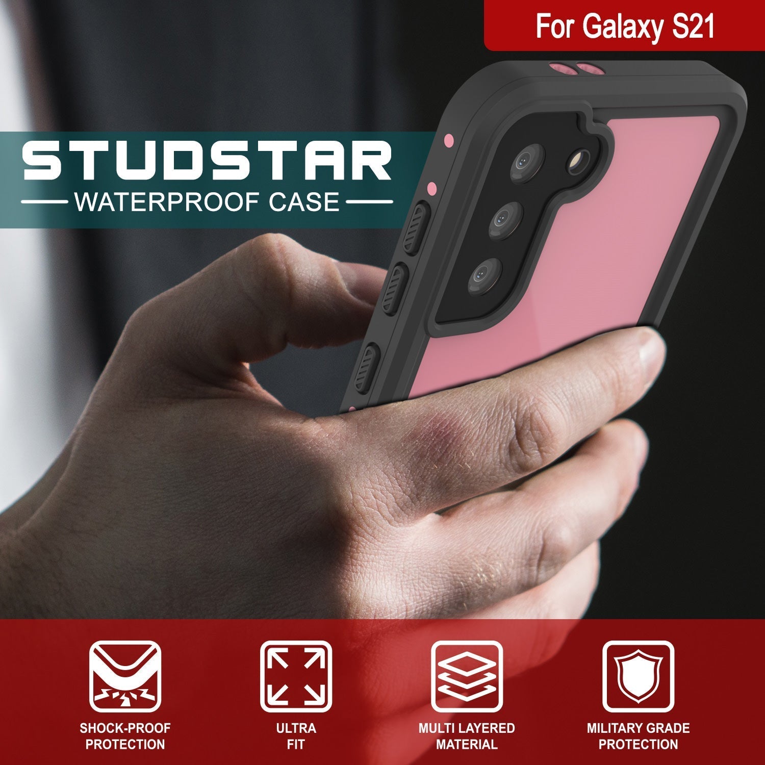 Capa à prova d'água Galaxy S22 PunkCase StudStar Pink Thin 6.6ft IP68 à prova de choque/neve subaquática