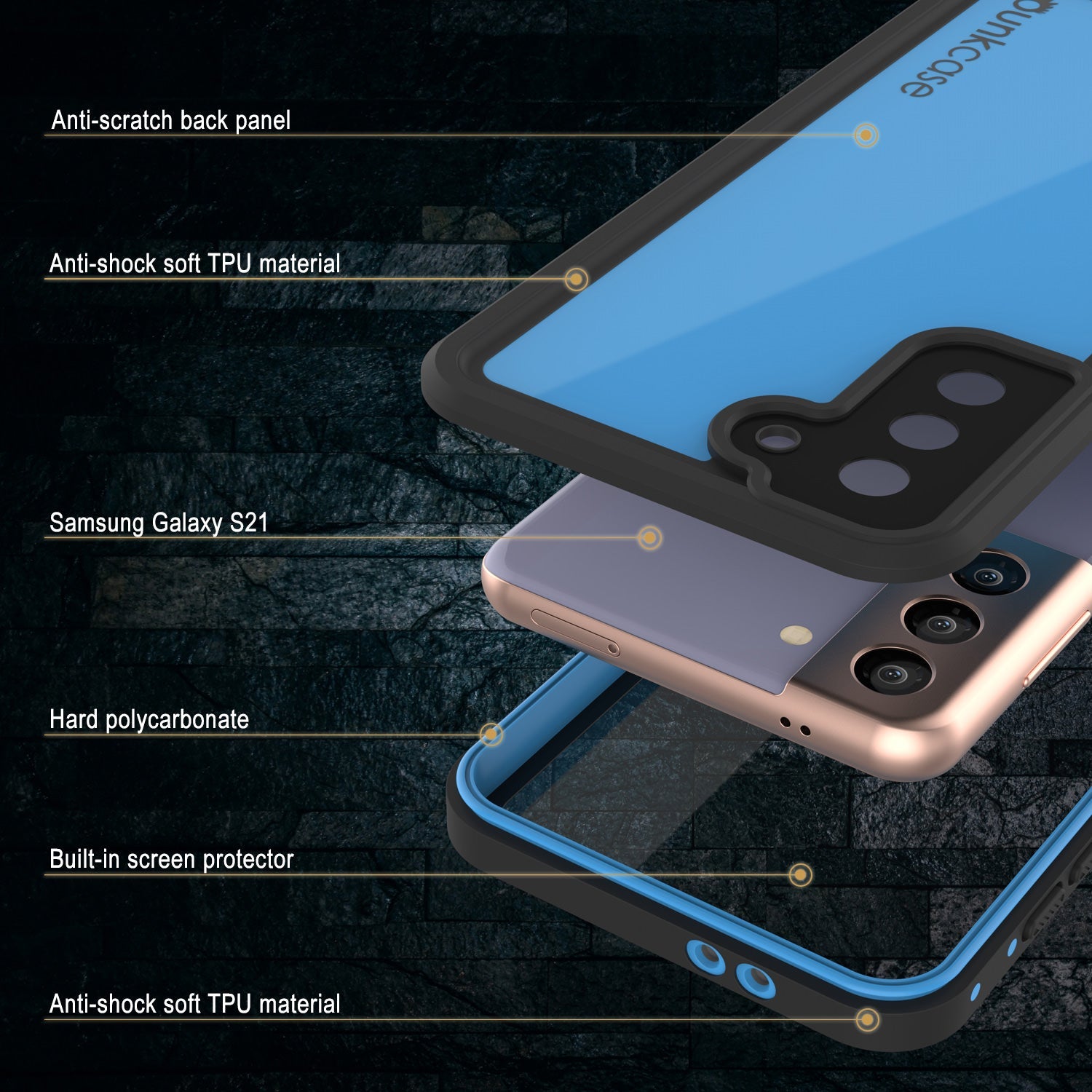 Capa à prova d'água Galaxy S21 PunkCase StudStar Light Blue Fina 6.6ft IP68 à prova de choque subaquático