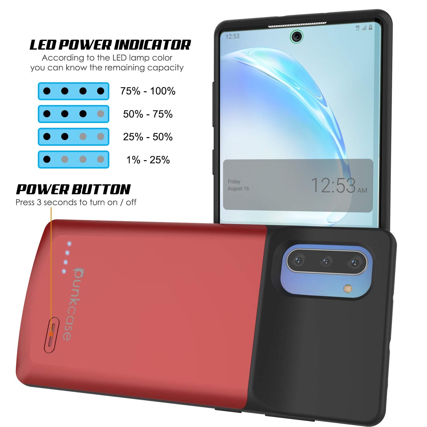 Carregador de bateria Galaxy Note 10 de 5200mAH com porta USB e estojo slim [vermelho]