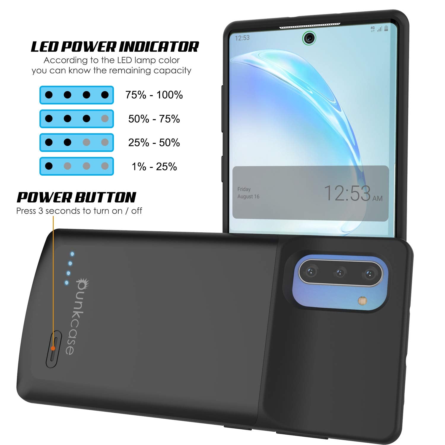 Carregador de bateria Galaxy Note 10 5200mAH com porta USB e estojo fino [Preto]