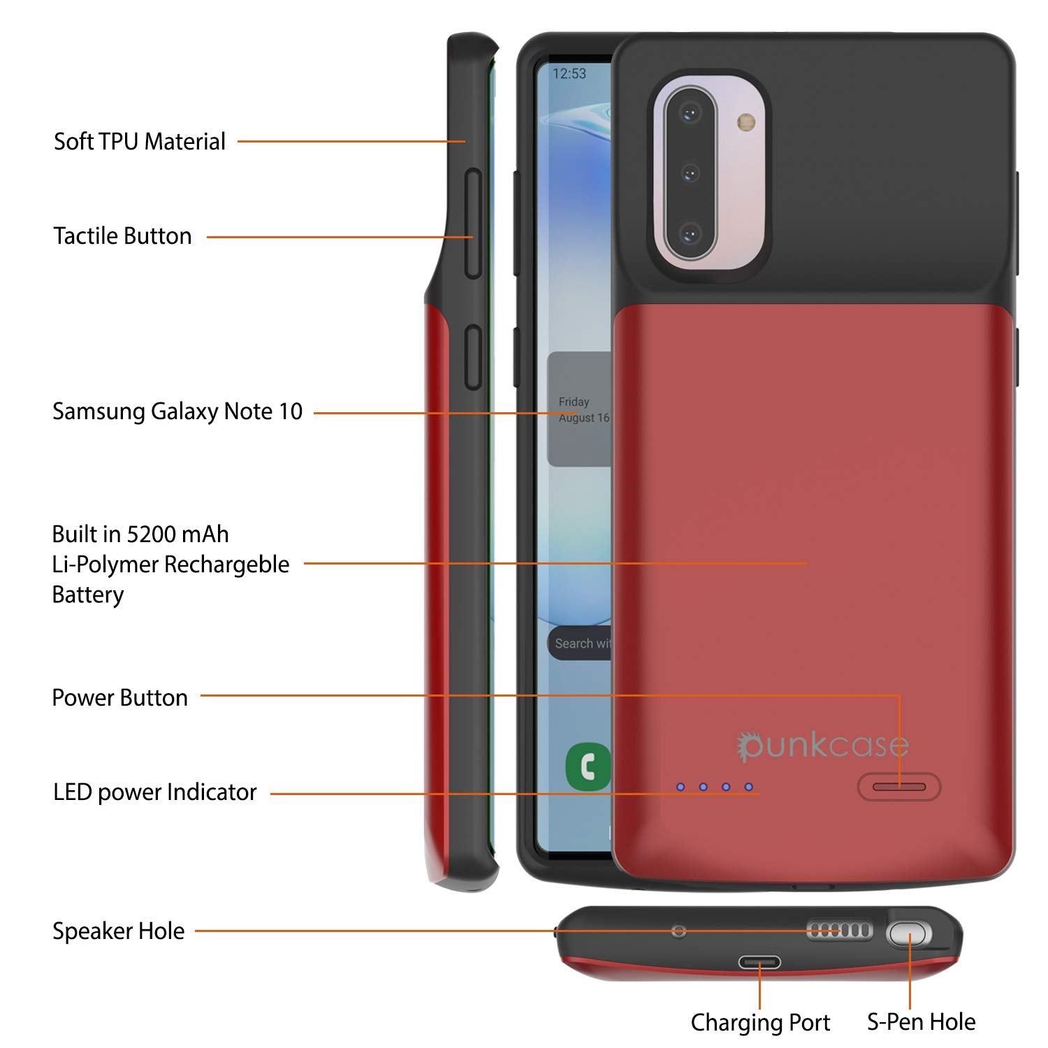 Carregador de bateria Galaxy Note 10 de 5200mAH com porta USB e estojo slim [vermelho]